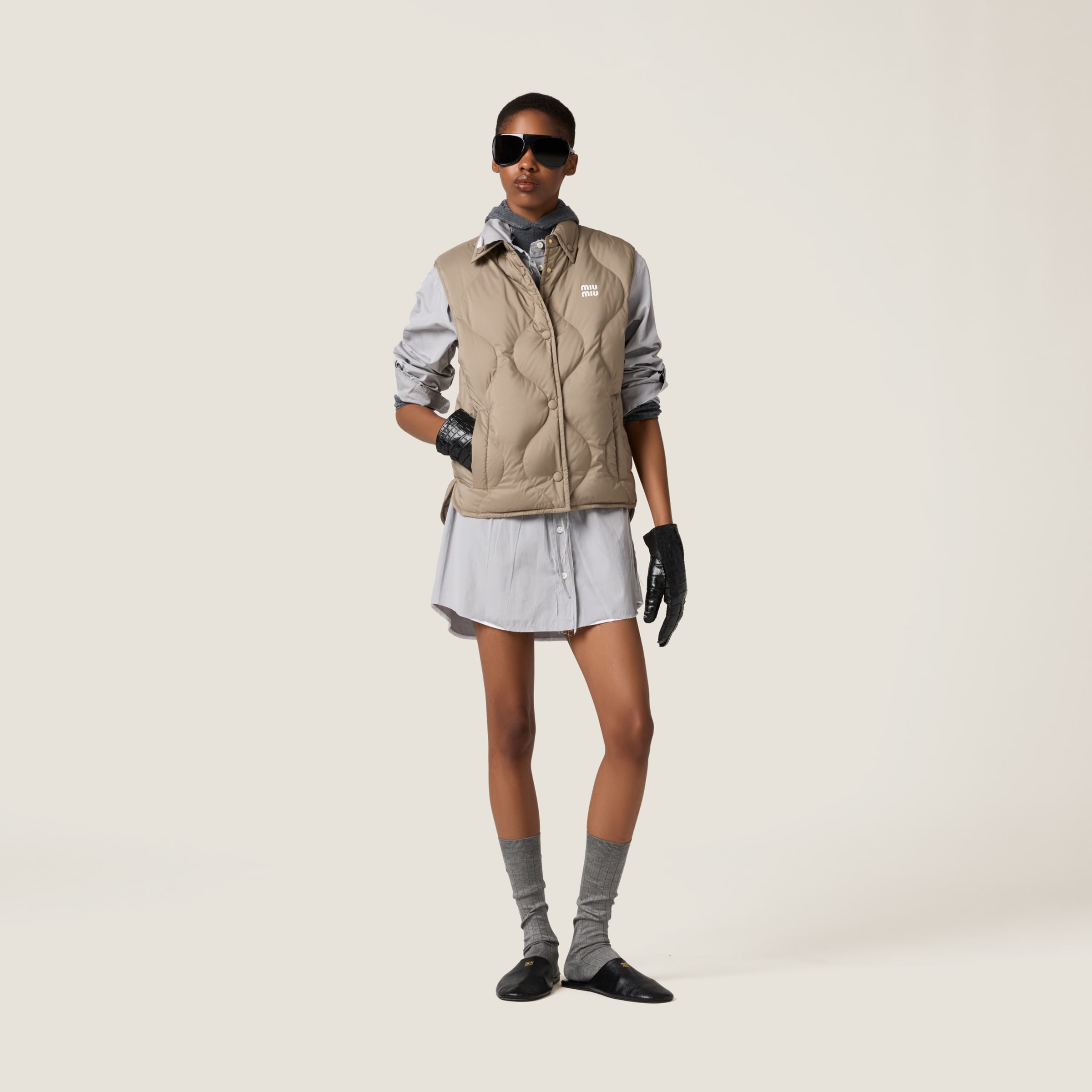 Miu Miu Technical Pongee Down Vest In Clay Grey