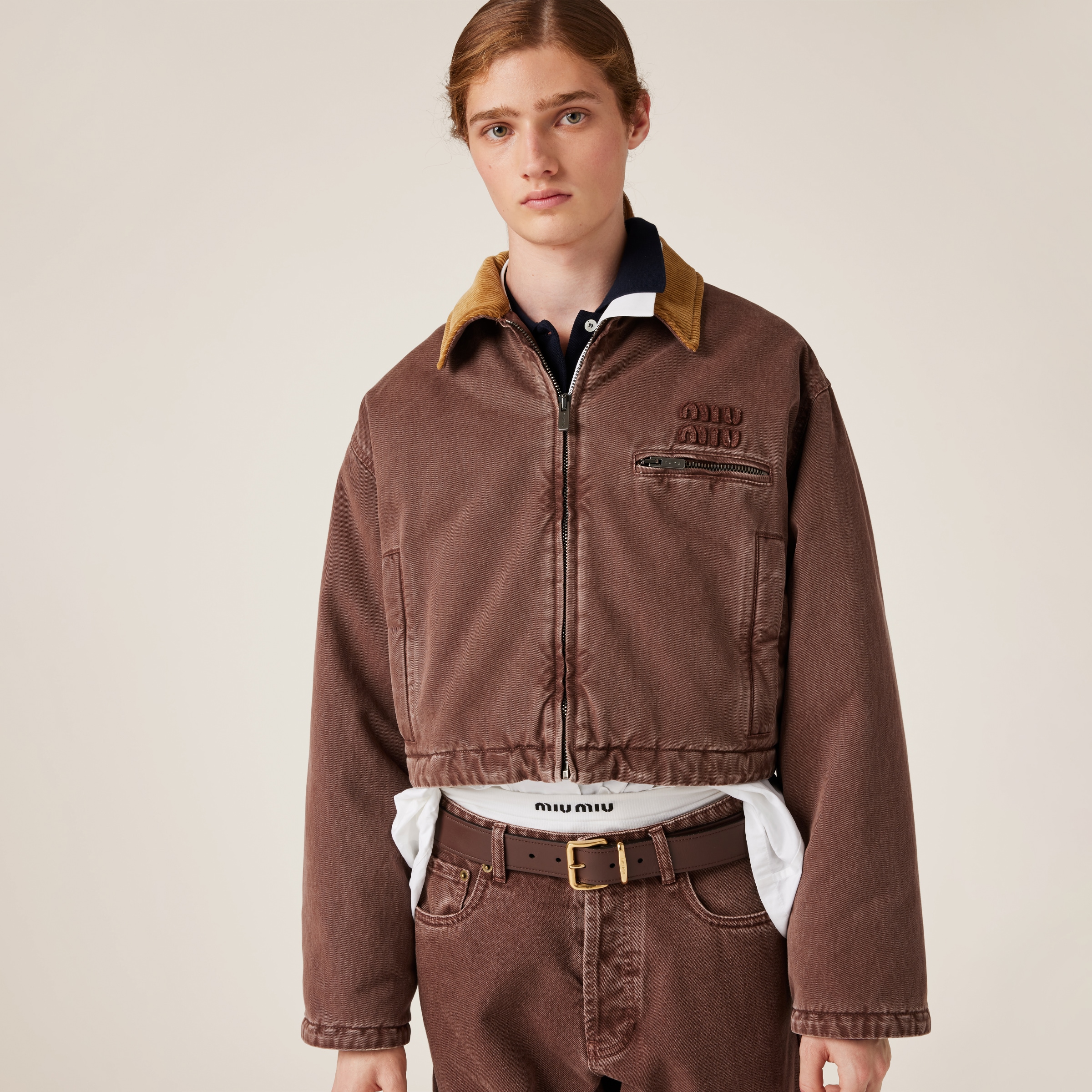 Miu Miu Gabardine Blouson Jacket With Velvet Collar In Tobacco