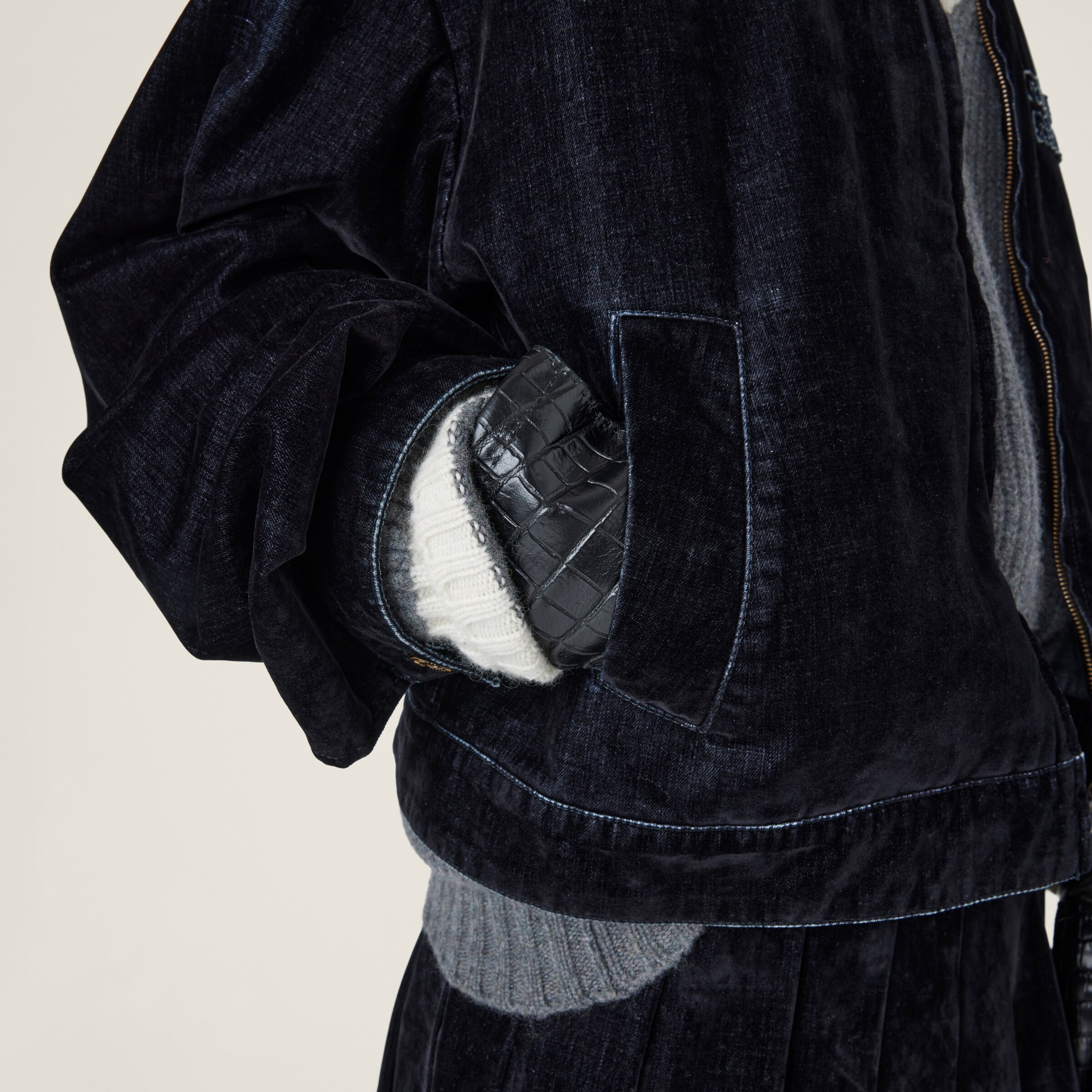 ブルゾン MIU MIU ML1158_157Y_F0002 FLOCKED CHAMBRAY BLOUSON IN SUEDE Black Flocked Chambray Blouson Jacket | Miu Miu