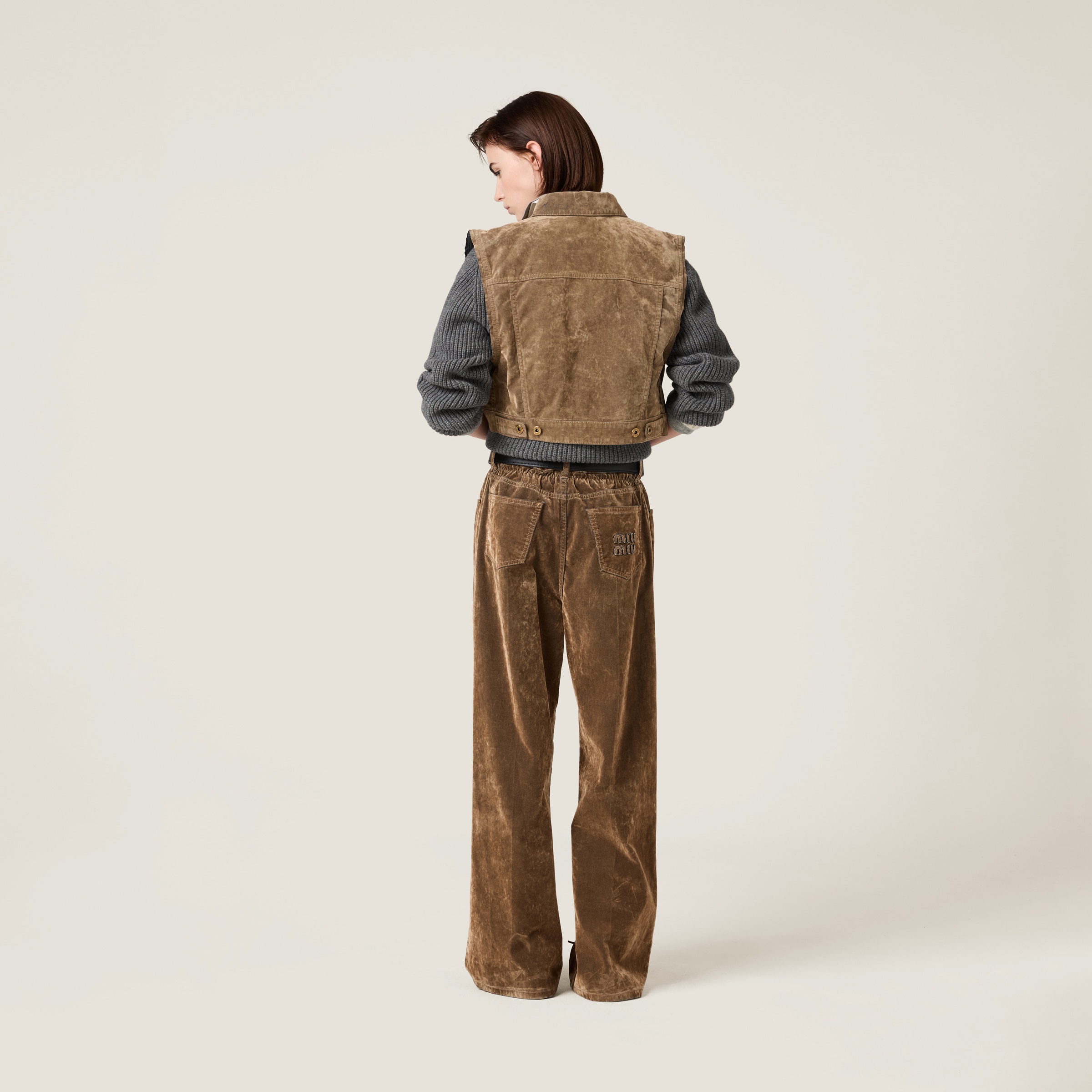 Miu Miu Washed Flocked Chambray Vest In Tobacco