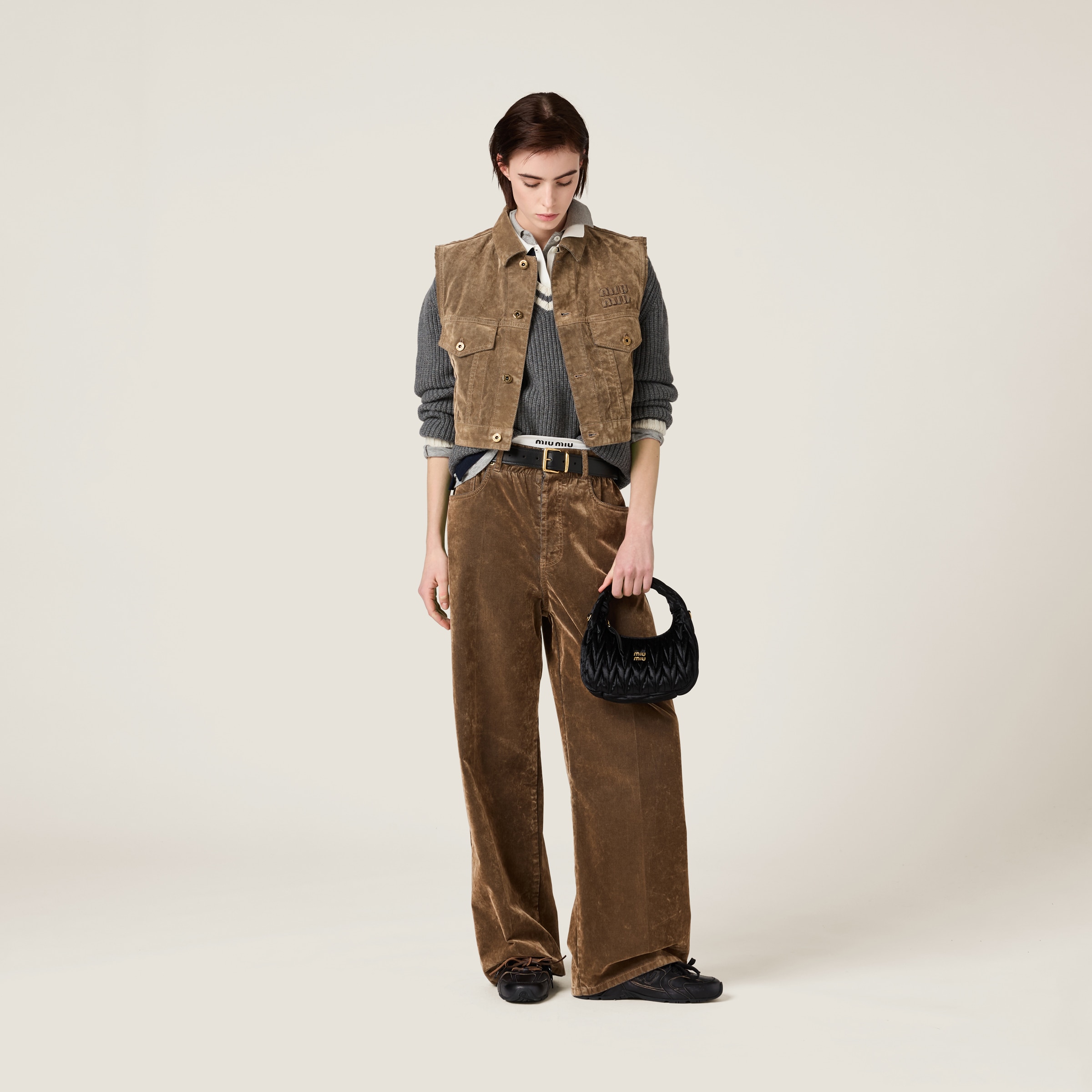 Miu Miu Washed Flocked Chambray Vest In Tobacco