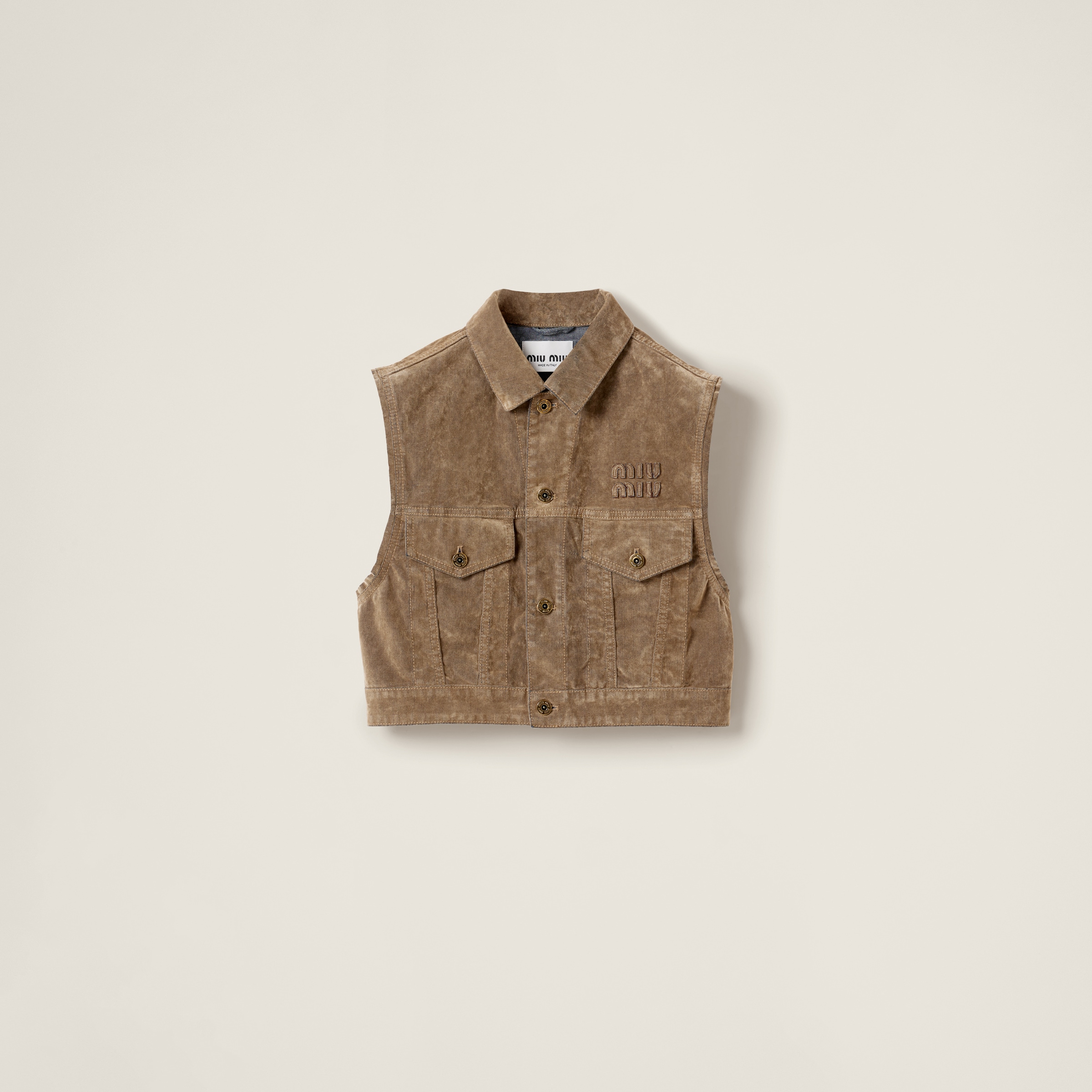 Miu Miu Washed Flocked Chambray Vest In Tobacco