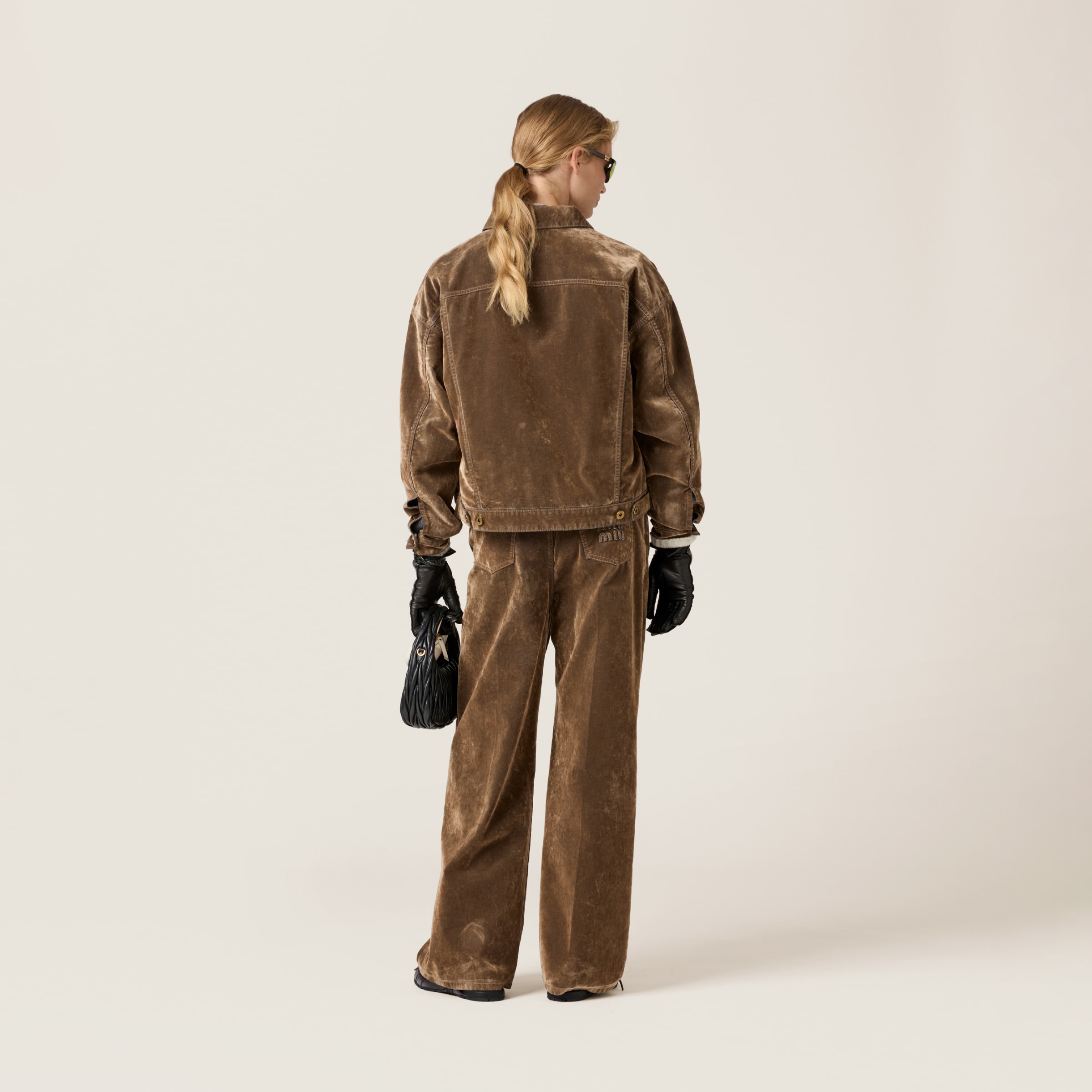 Miu Miu Washed Flocked Chambray Blouson Jacket In Tobacco