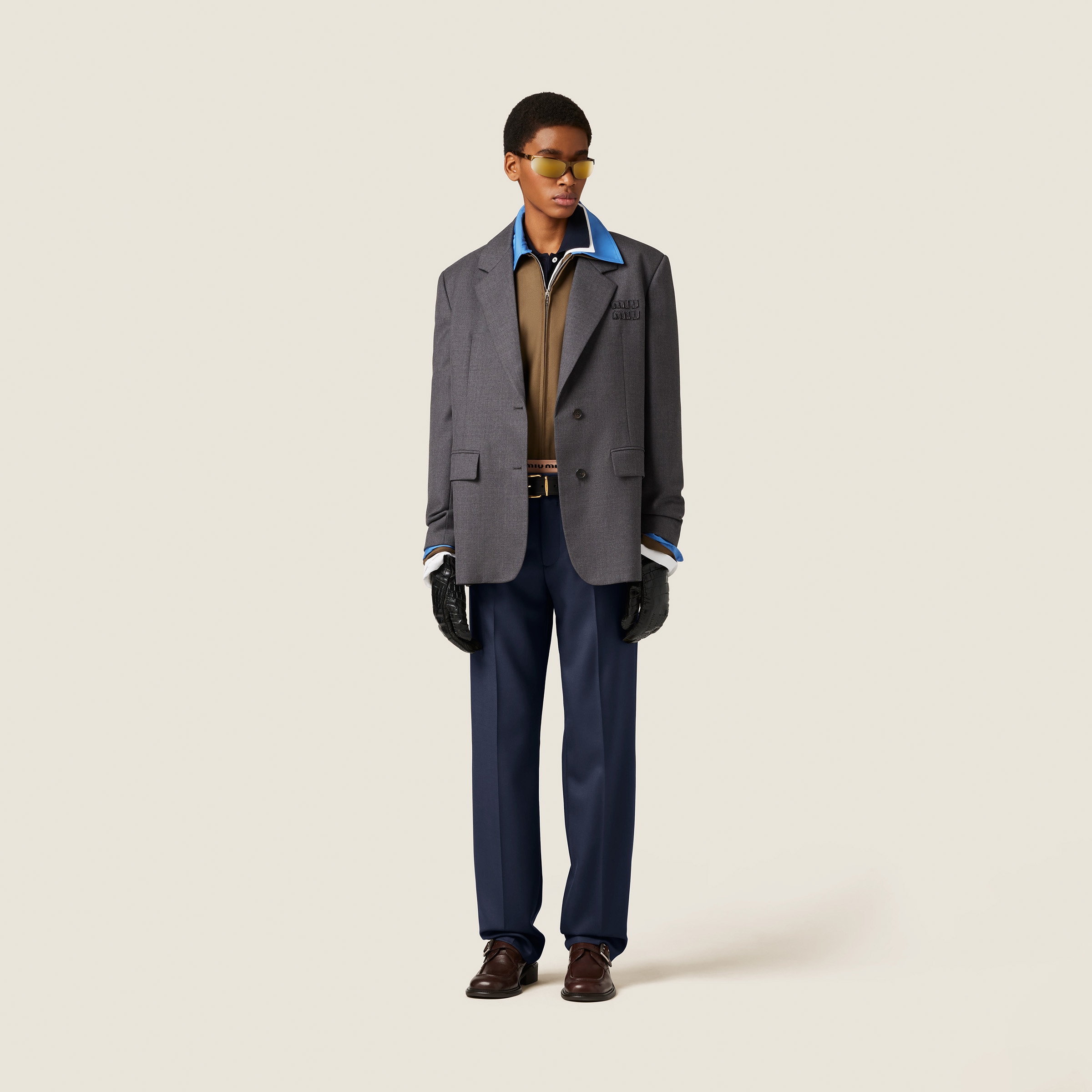 Miu Miu Gabardine Blouson Jacket With Poplin Collar In Tundra