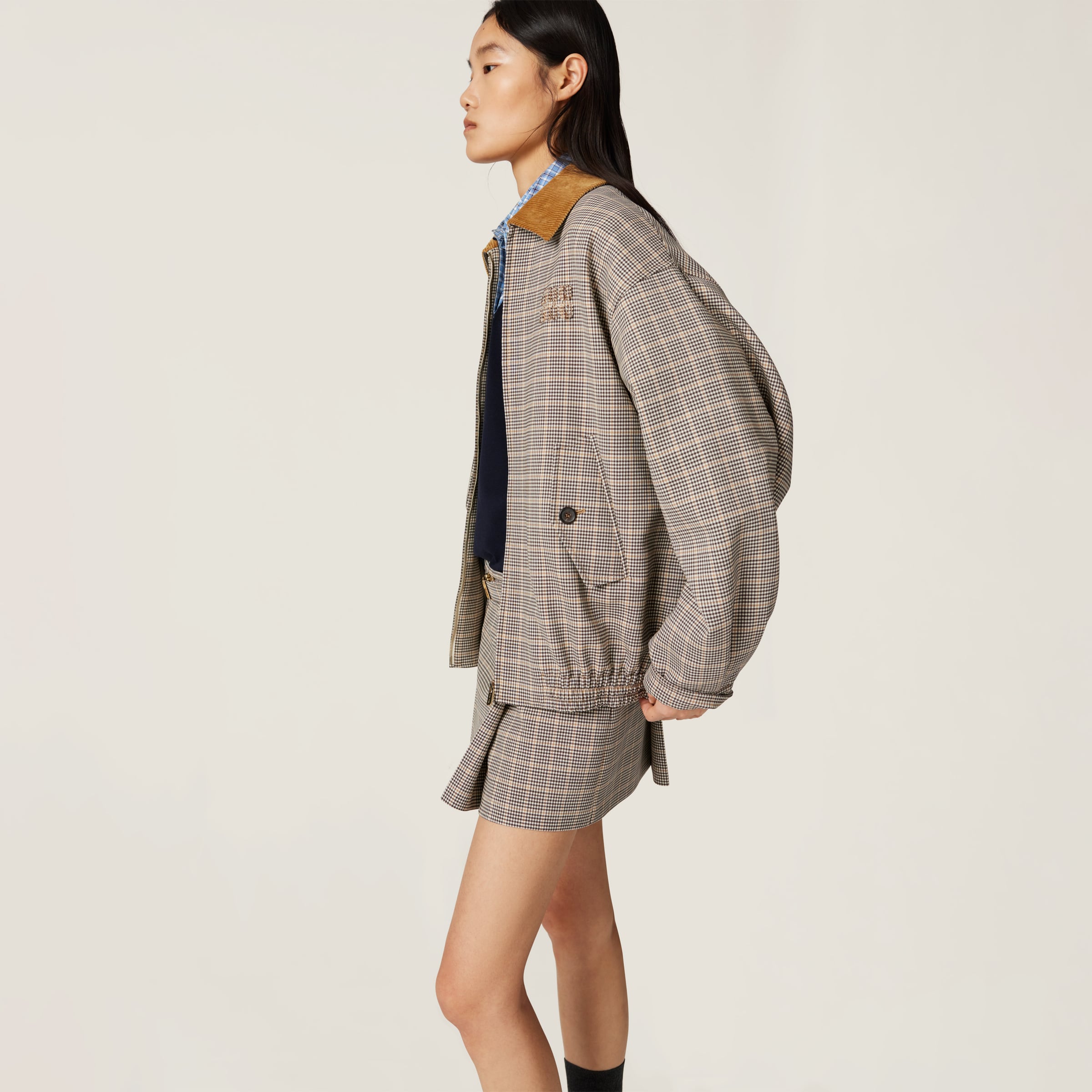 Miu Miu Checked Double Weave Blouson Jacket In Cocoa Brown