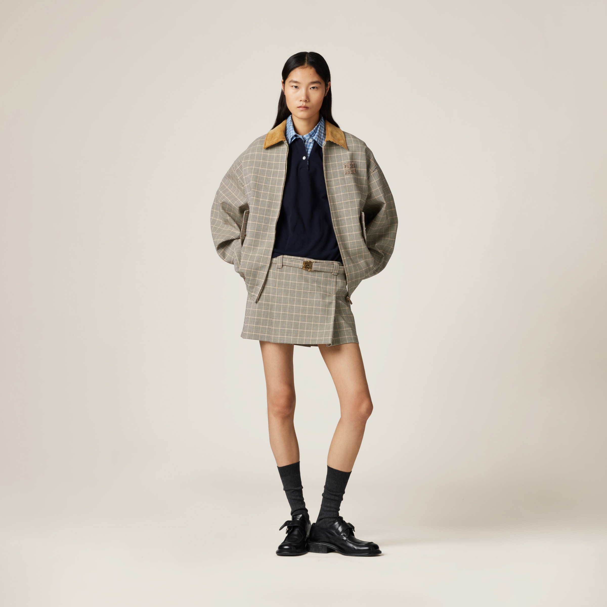 Miu Miu Checked Double Weave Blouson Jacket In Cocoa Brown