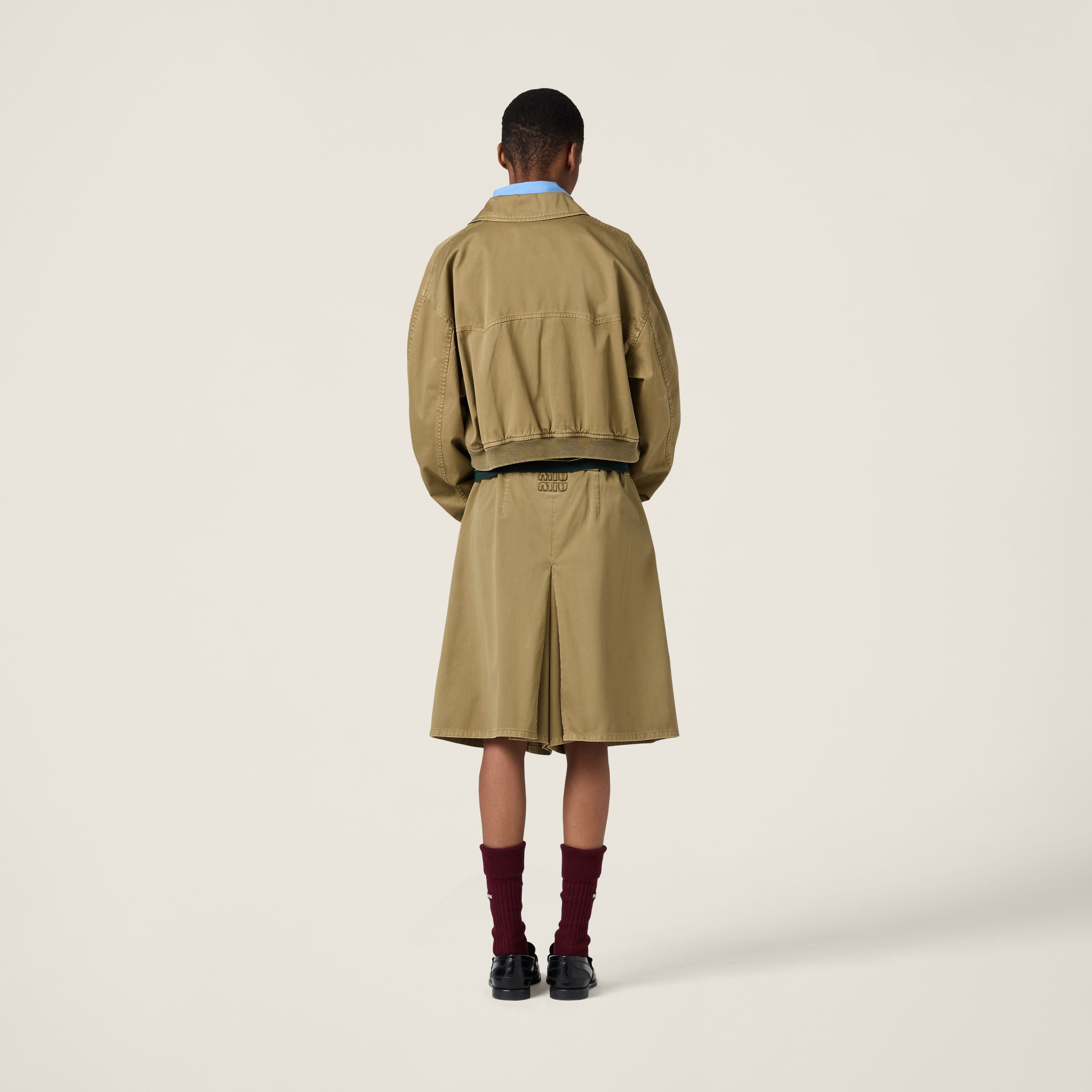 Olive Green Garment-dyed Cotton Satin Bomber Jacket | Miu Miu