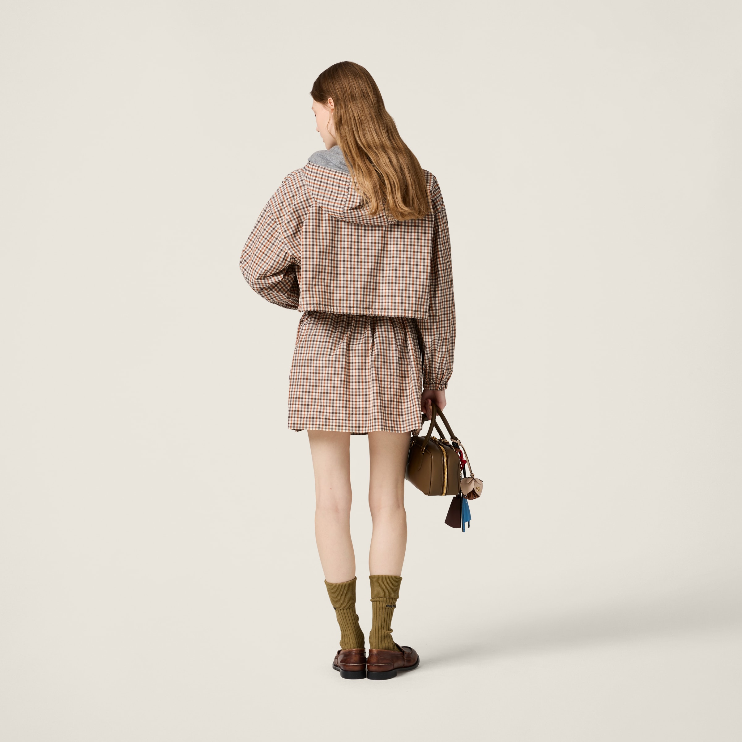 Miu Miu Vichy Check Technical Fabric Blouson Jacket In Chalk/orange