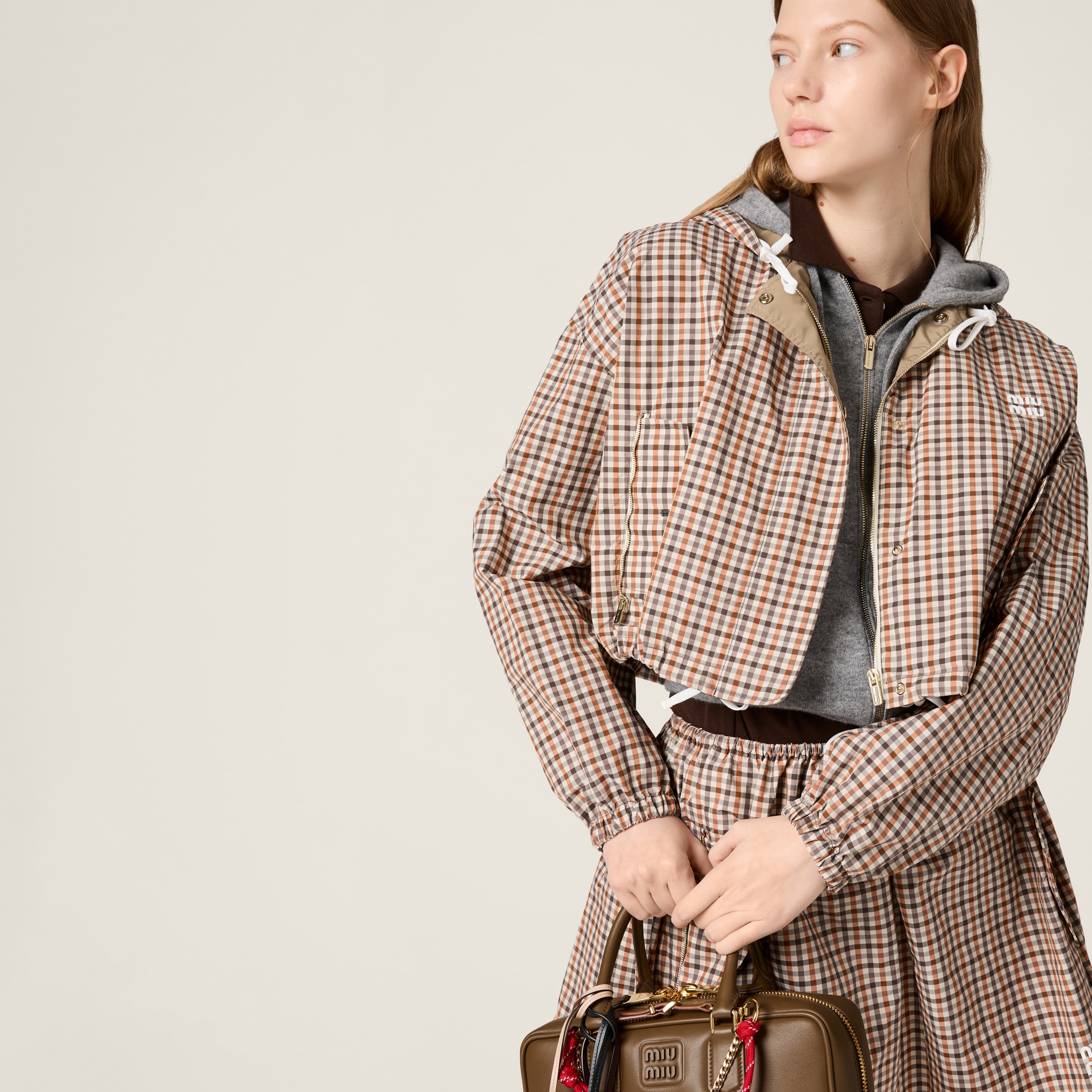 Miu Miu Vichy Check Technical Fabric Blouson Jacket In Chalk/orange