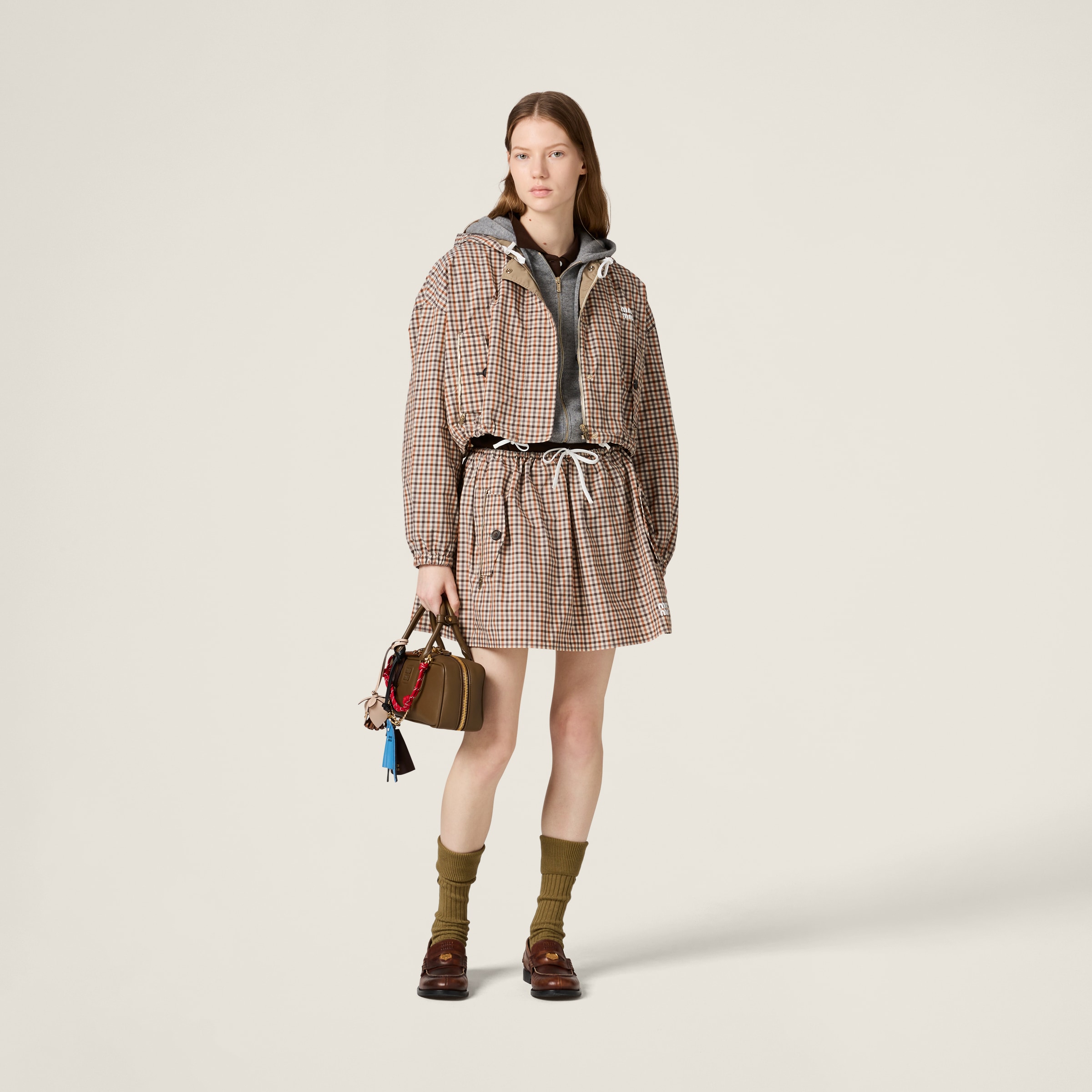 Miu Miu Vichy Check Technical Fabric Blouson Jacket In Chalk/orange