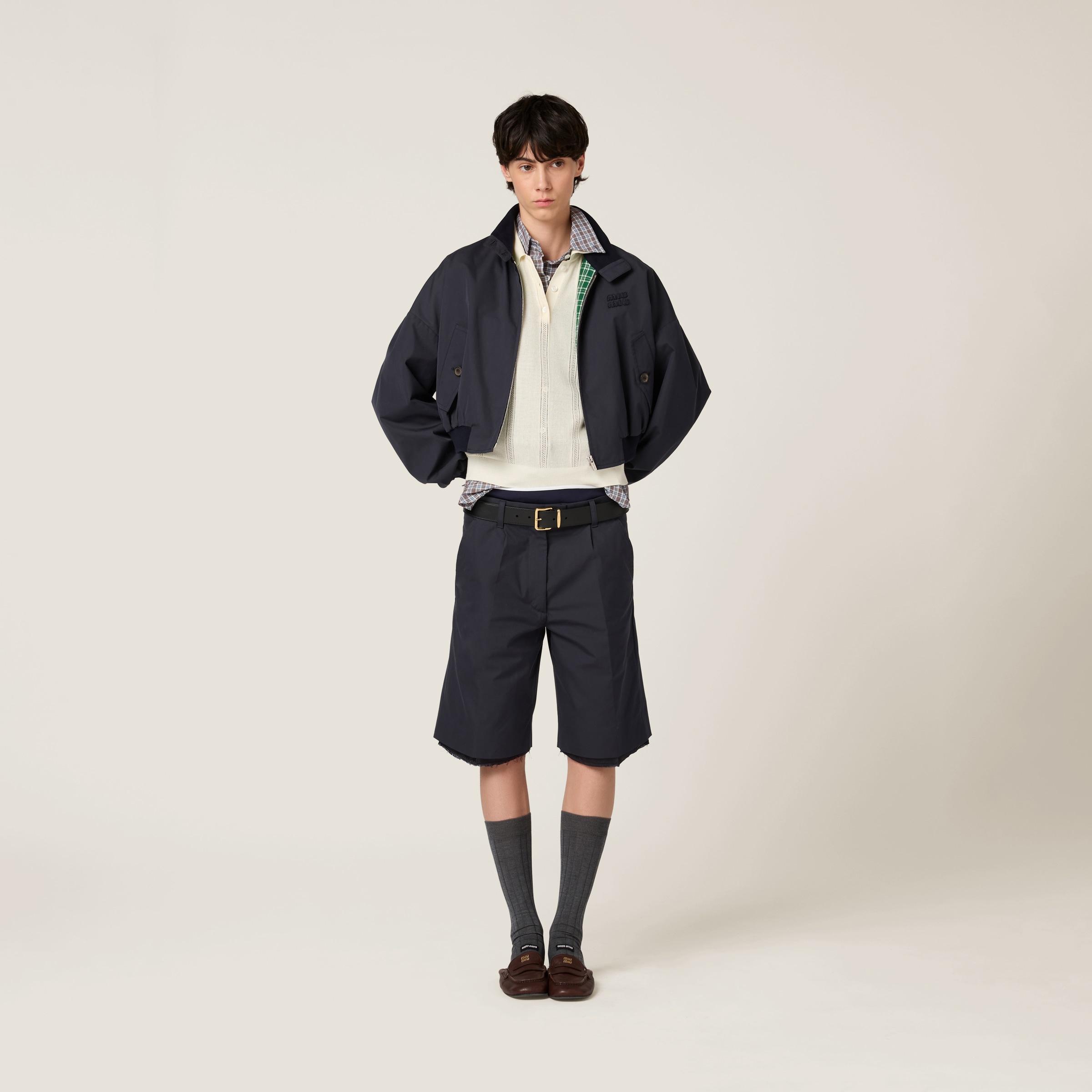 Miu Miu Cotton-blend Panama Blouson Jacket In Navy