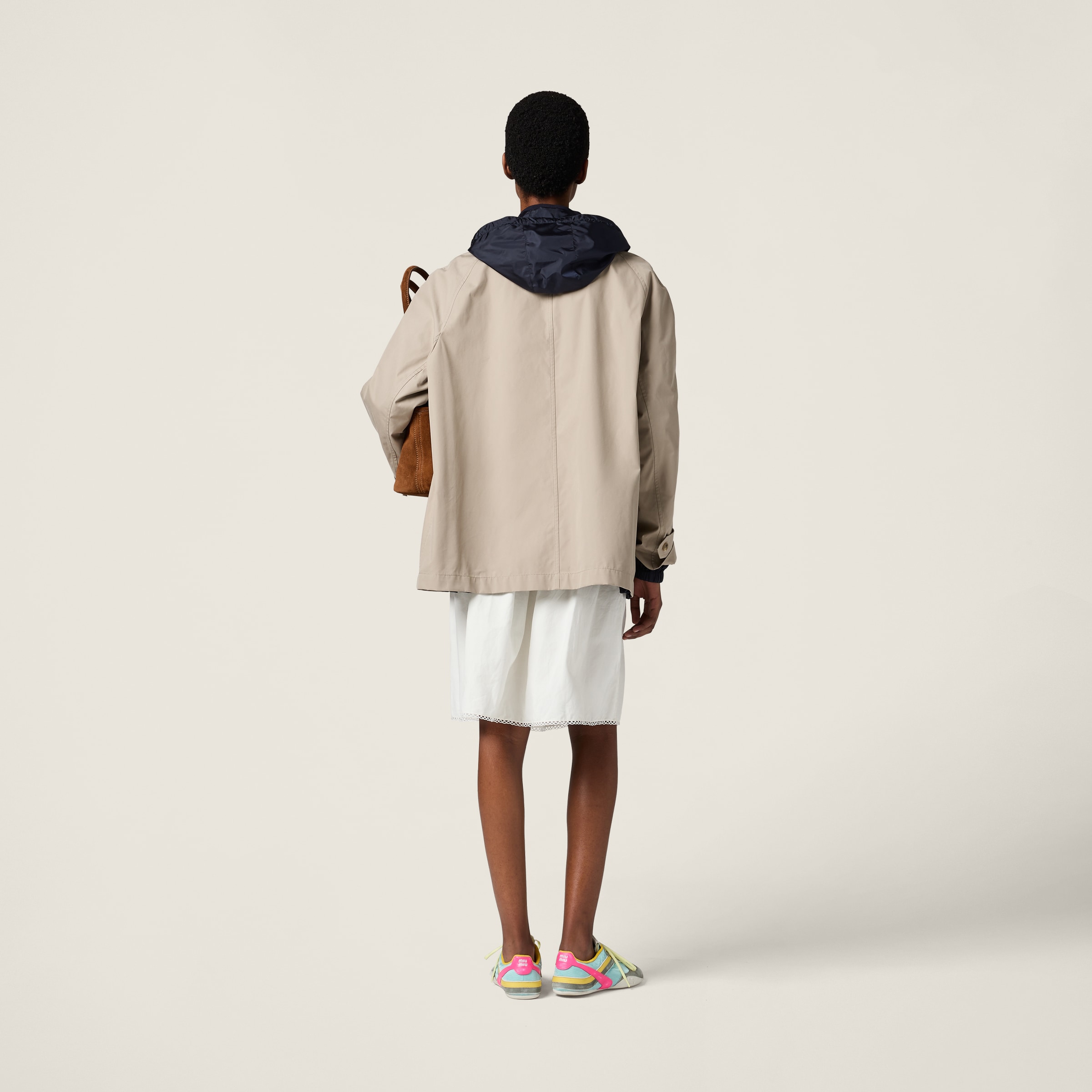 Miu Miu Panama Cotton And Technical Pongé Blouson Jacket In Clay/navy