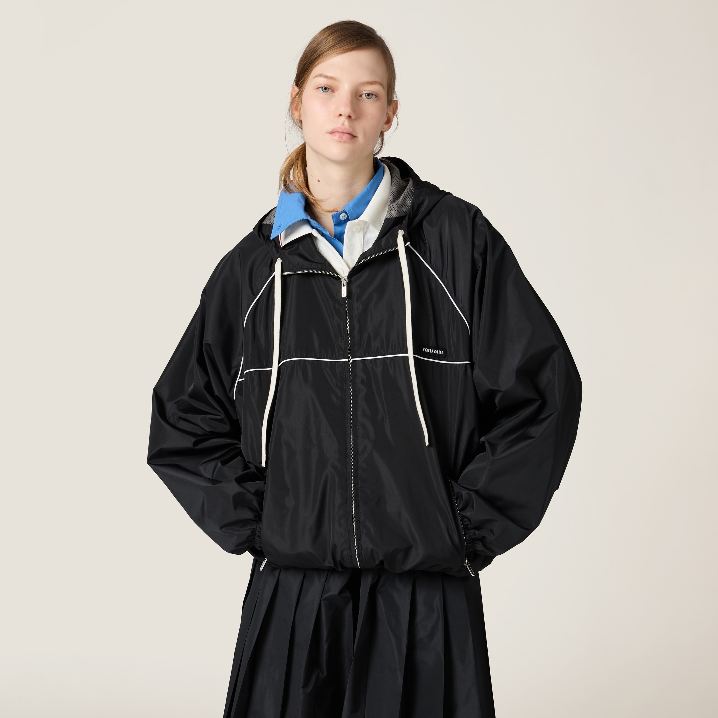 Black Technical Silk Zipper Blouson Jacket | Miu Miu Black Technical Silk Zipper Blouson Jacket | Miu Miu