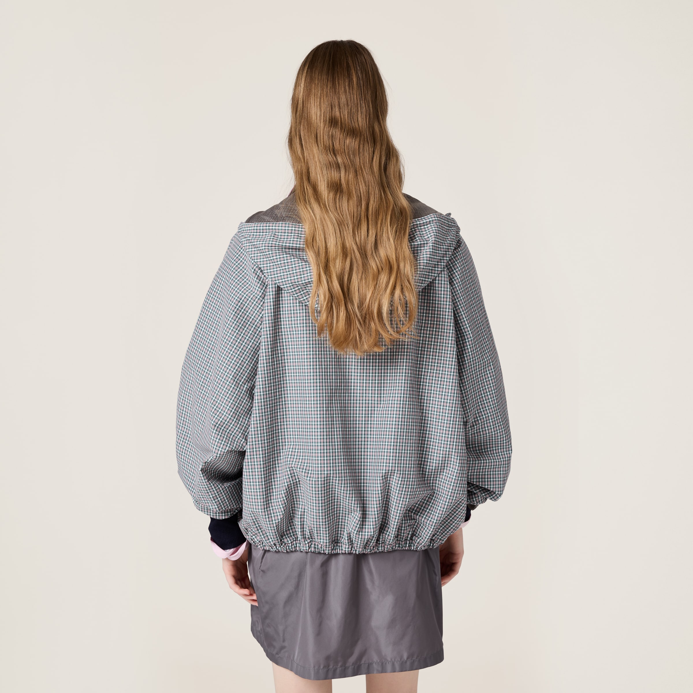 【MiuMiu】チェック柄テクニカルファブリックボンバージャケット ダークグリーン/ホワイト チェック柄 テクニカルファブリック