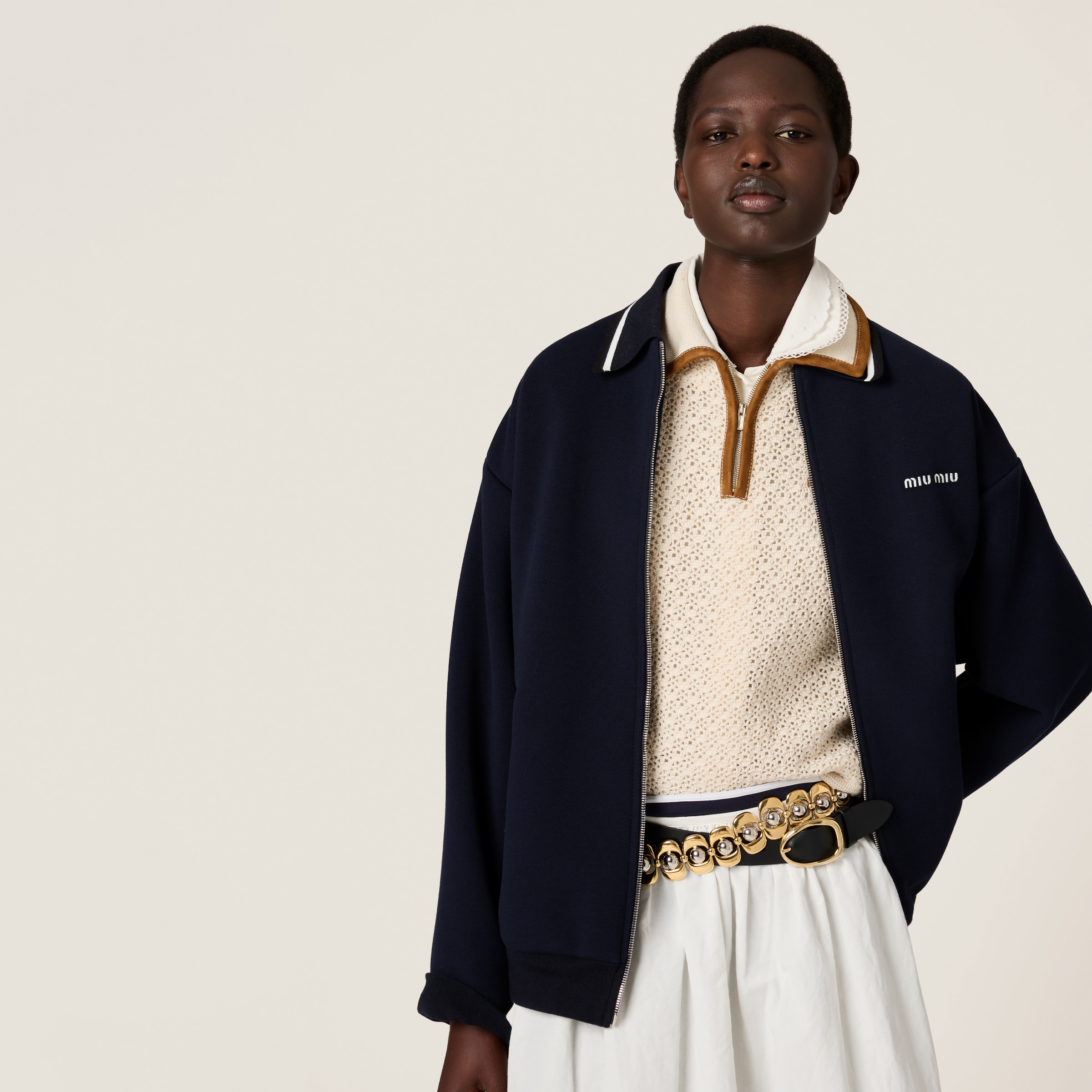 【MiuMiu】ボンデッドピケ ジャージー ブルゾンジャケット ネイビー ボンデッドピケとテクニカルジャージーのブルゾン