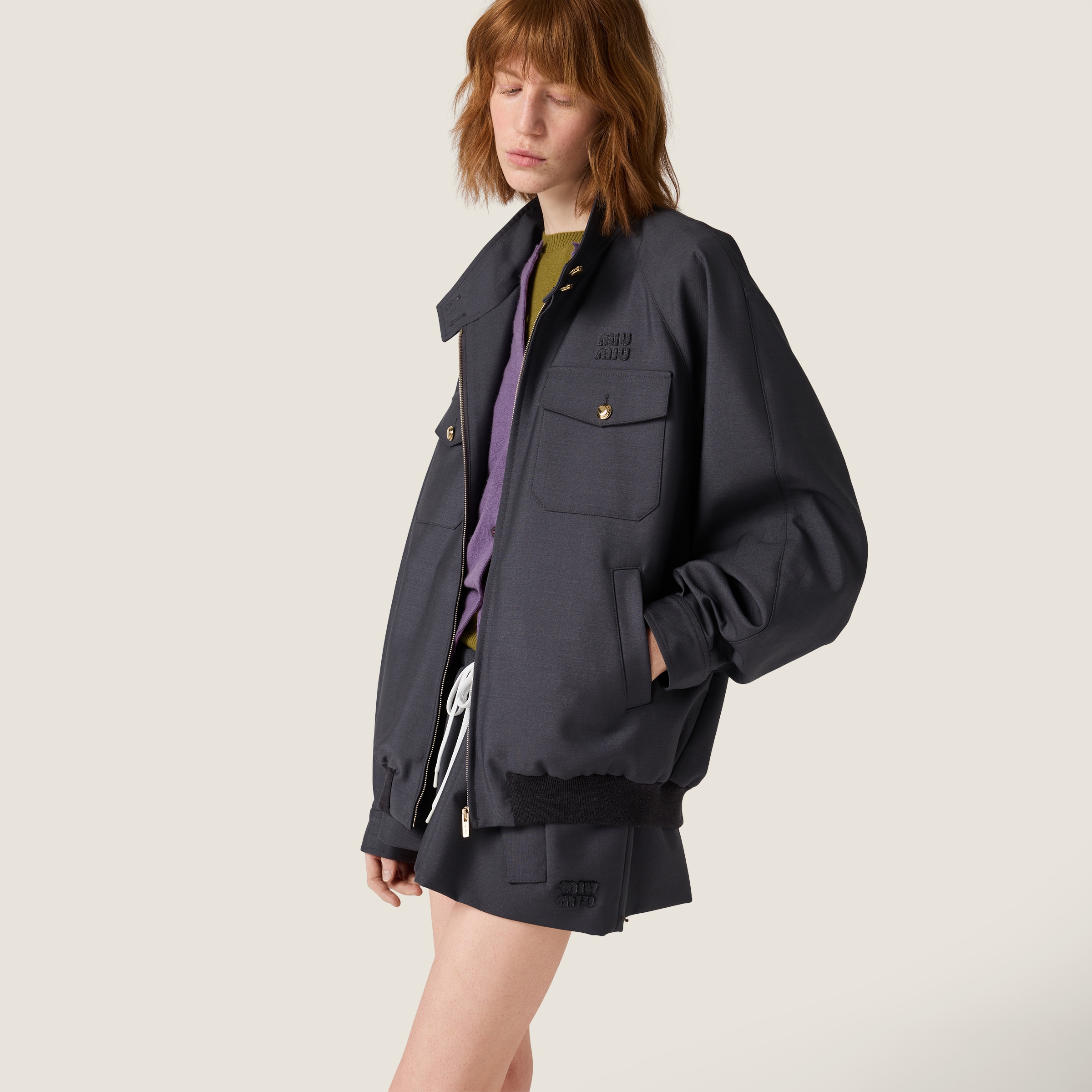 MiuMiu◆ボンデッドキッドモヘア ジャージー ブルゾンジャケット ダークグレー ボンデッド キッドモヘヤxジャージー ブルゾン