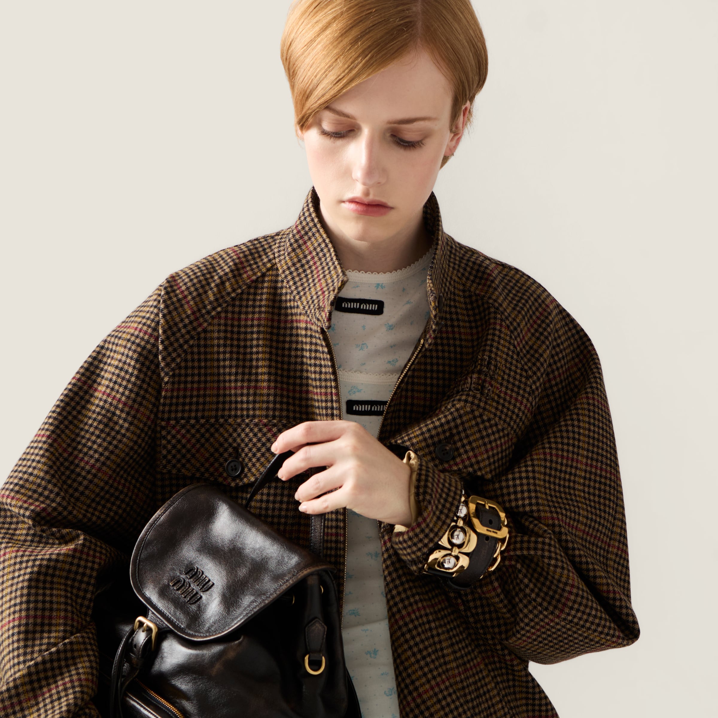 美品 MIU MIU クロップドブルゾン 2021年 チェック ジャケット L トレンドのチェック《Miu Miu》ギンガムチェックジャケット (MiuMiu