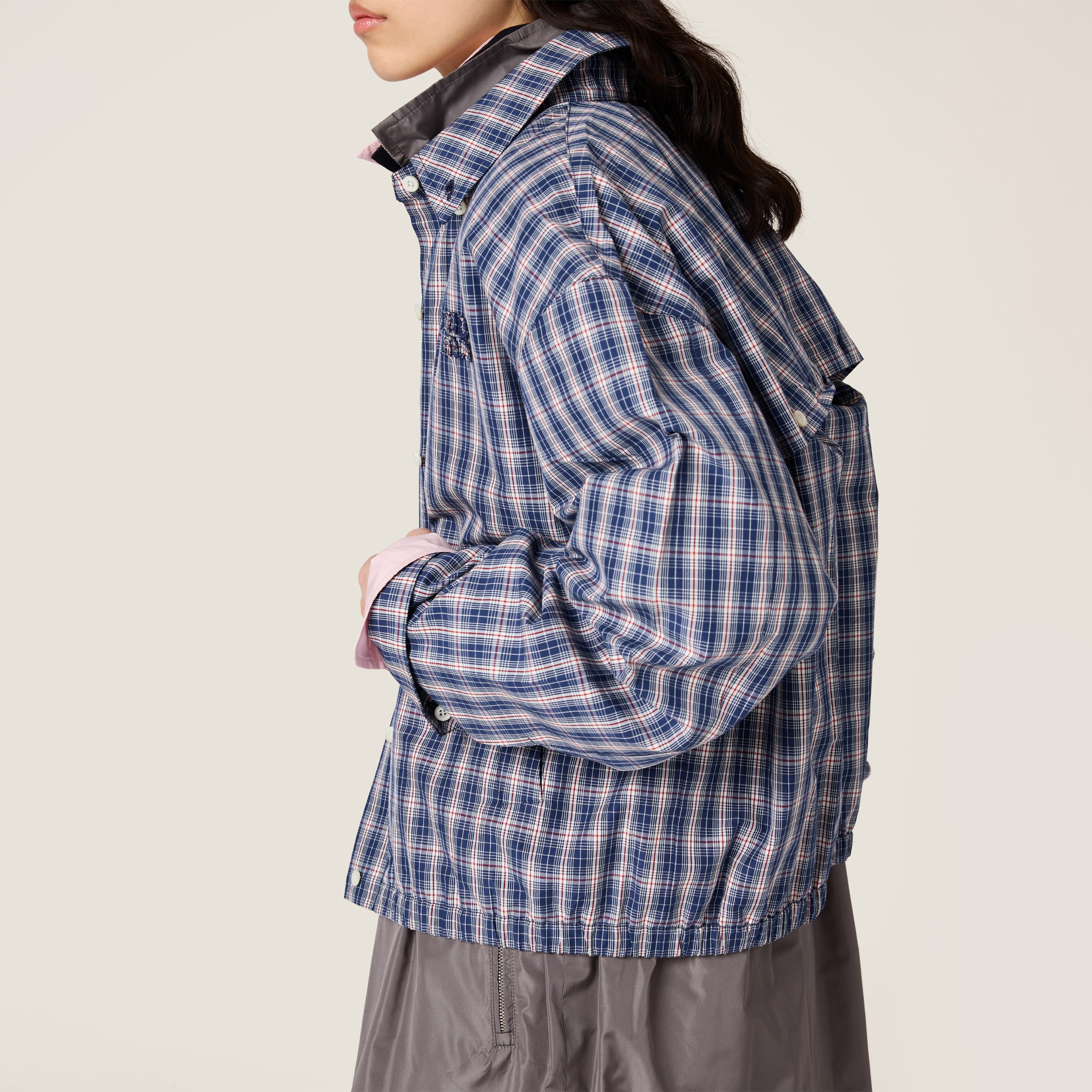 Bright Blue/red Checked Fabric Blouson Jacket | Miu Miu Bright Blue/red Checked Fabric Blouson Jacket | Miu Miu