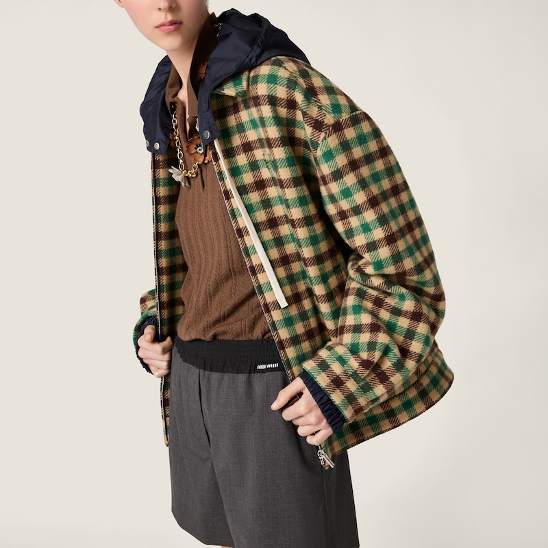 Gingham check and technical fabric jacket