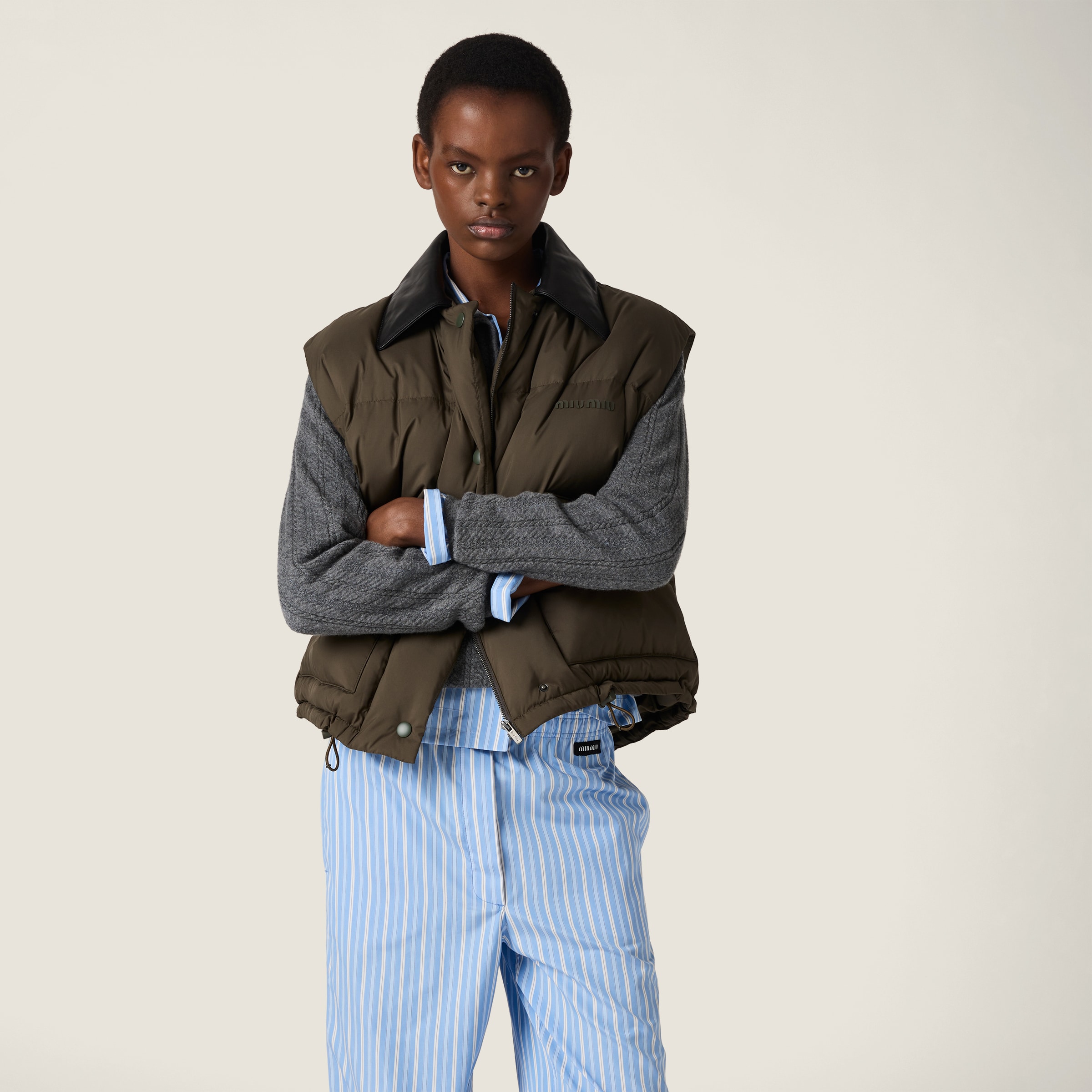 Military Green Technical Pongé Down Vest | Miu Miu