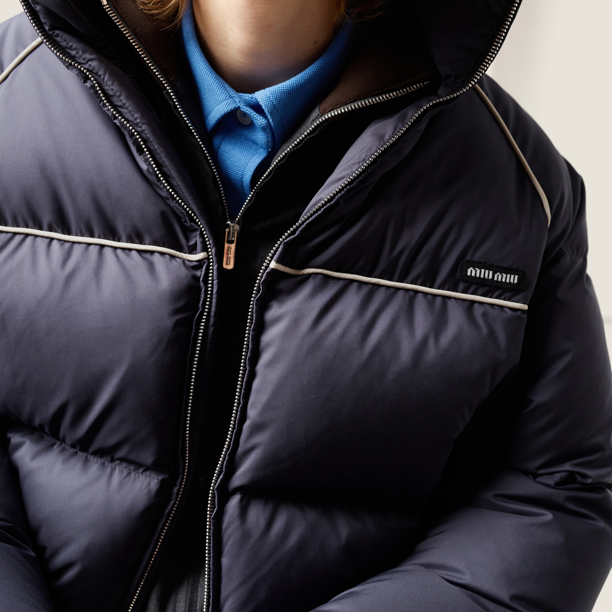Navy Technical Pongé Down Jacket | Miu Miu - United States