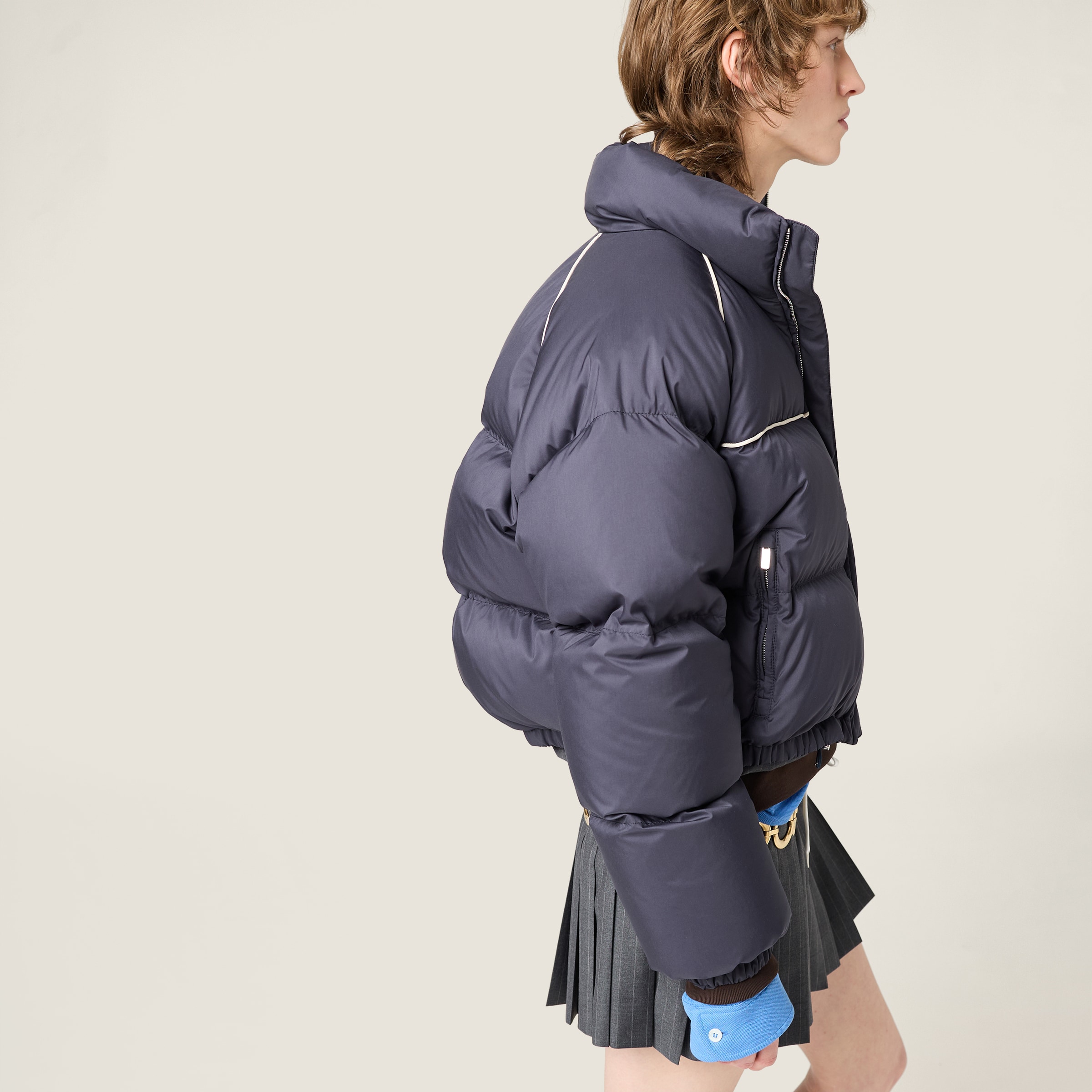 Navy Technical Pongé Down Jacket | Miu Miu