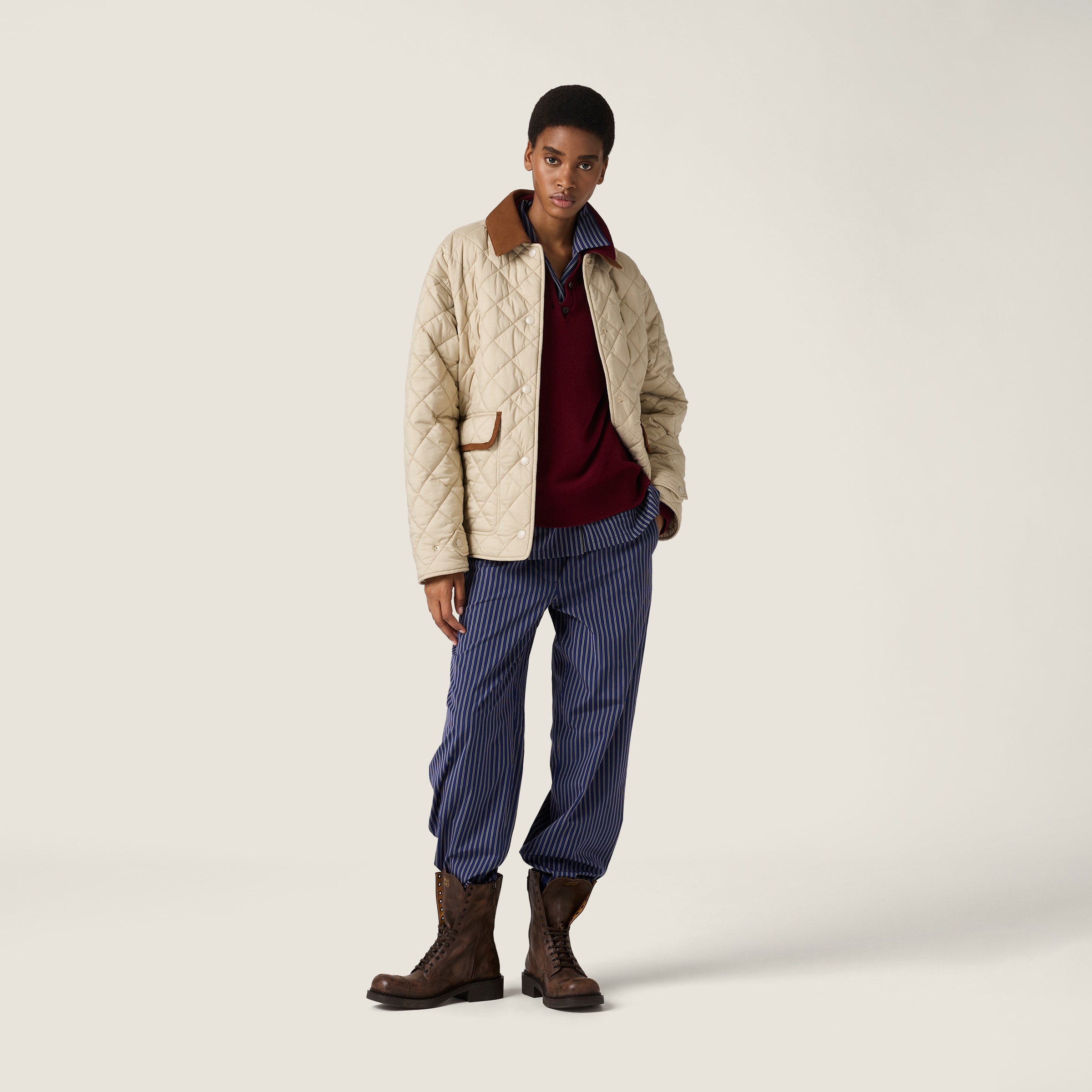 Miu Miu Quilted Jacket With Suede Collar And Pockets In Neutral