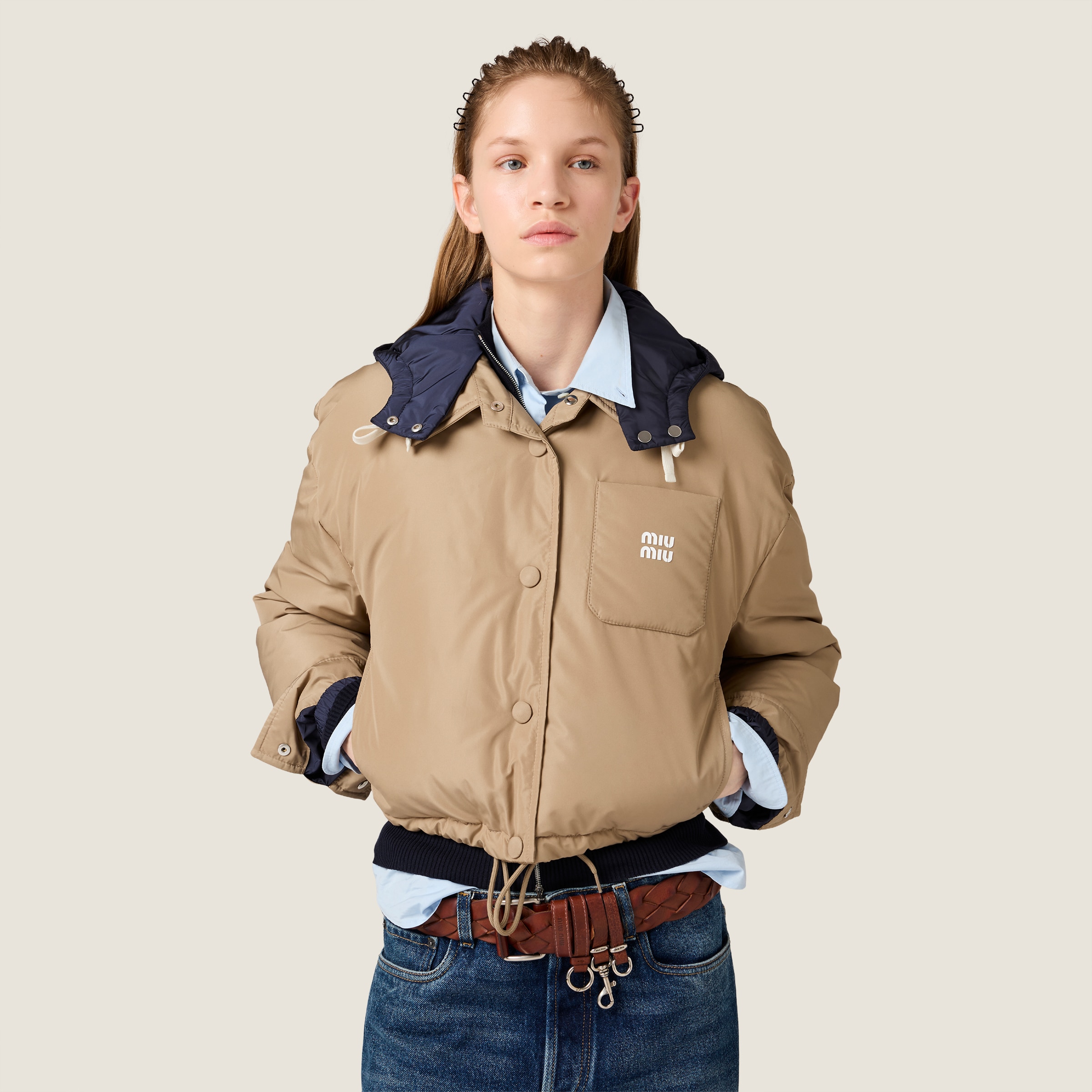 Technical pongé down hoodie jacket - thumbnail 5