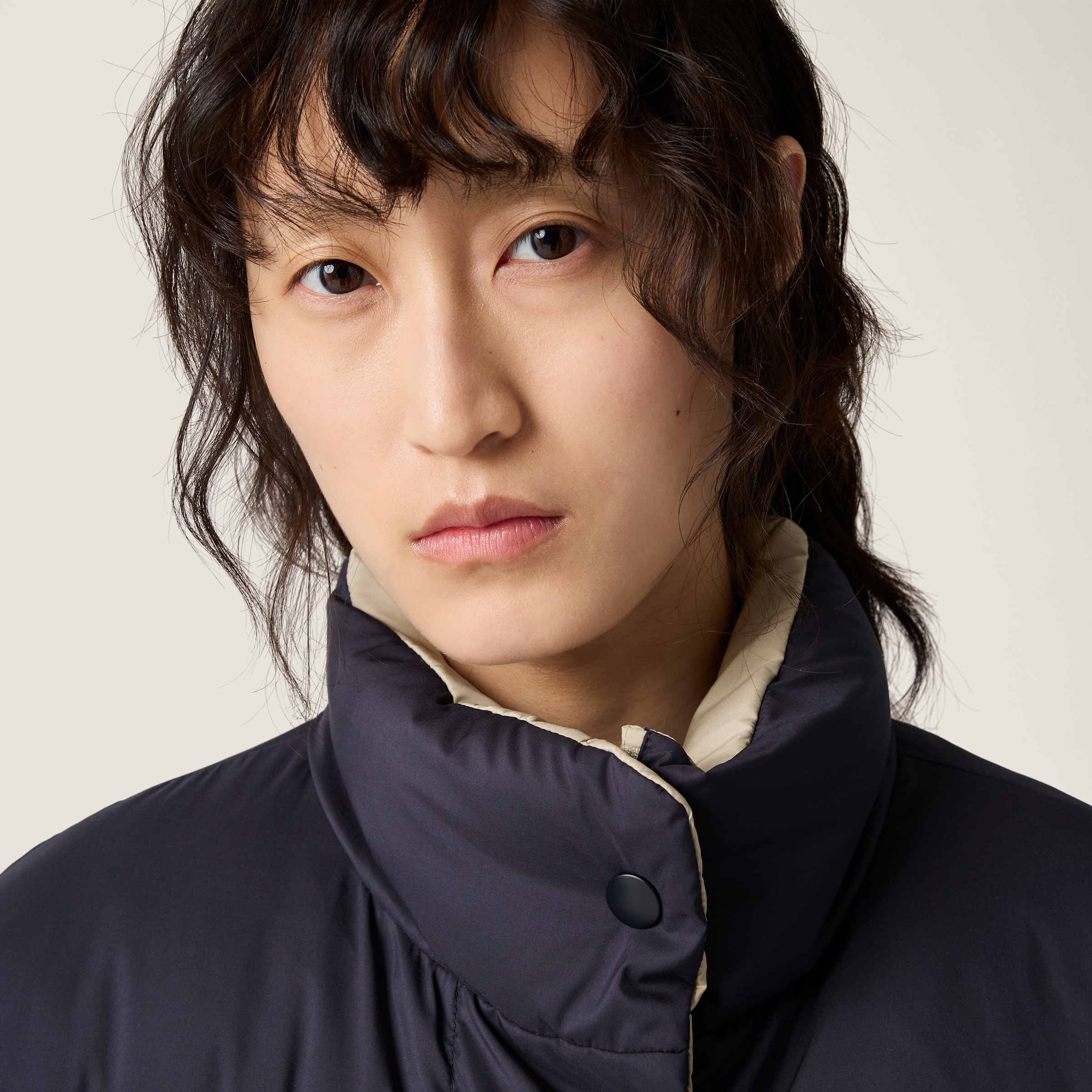 Beige Sable/blue Reversible Technical Pongé Down Jacket | Miu Miu