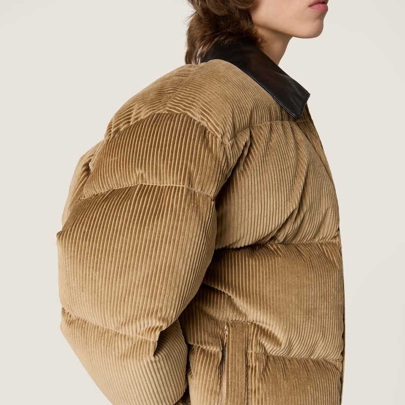 Corduroy and nappa leather down jacket