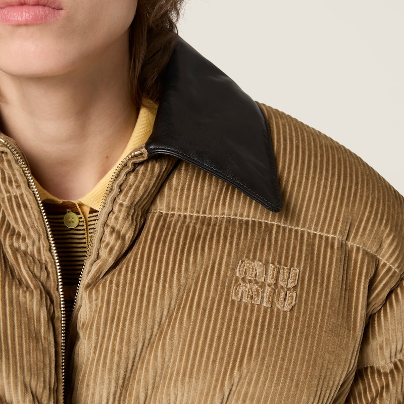 Corduroy and nappa leather down jacket