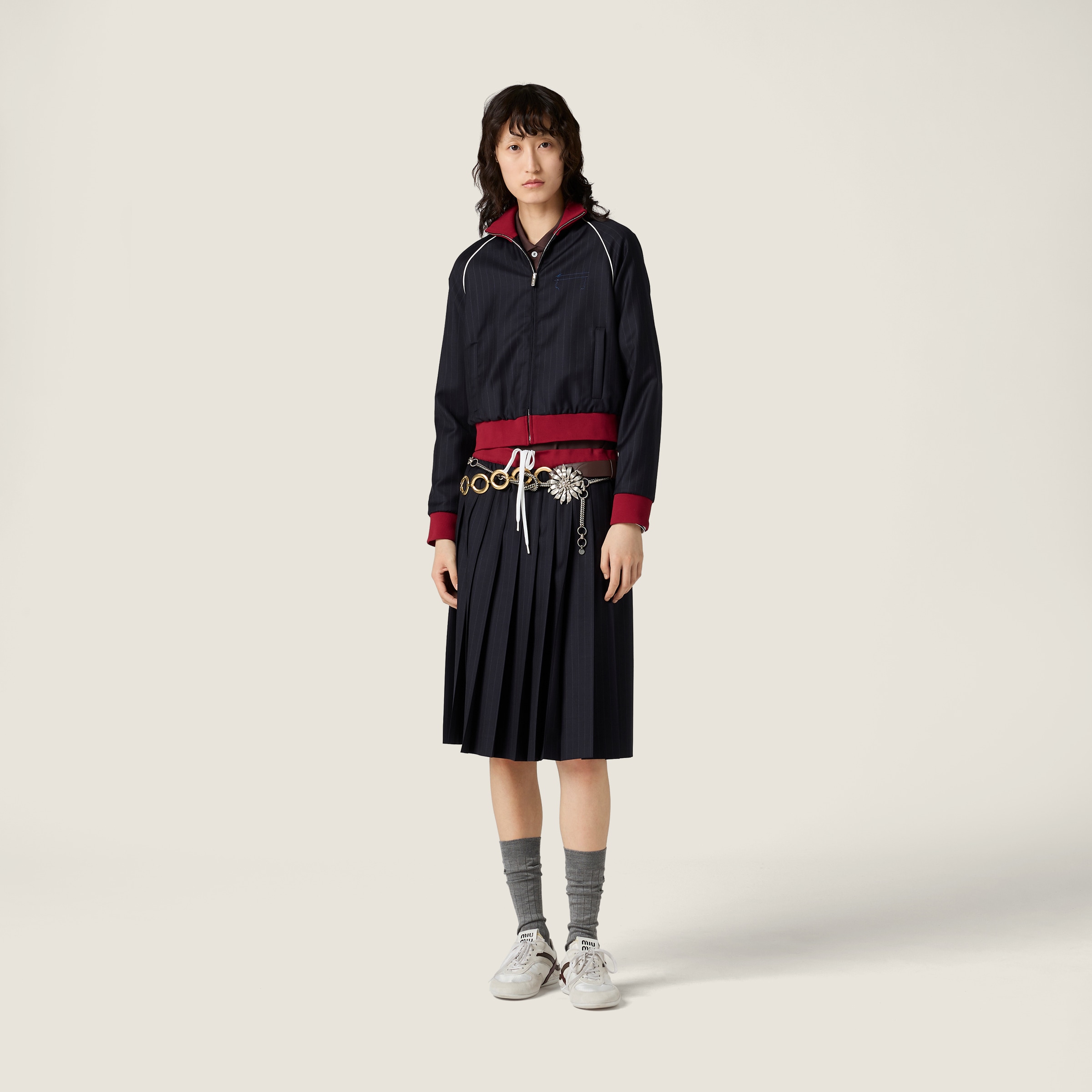 Miu Miu Pinstriped Zipper Blouson Jacket In Pink