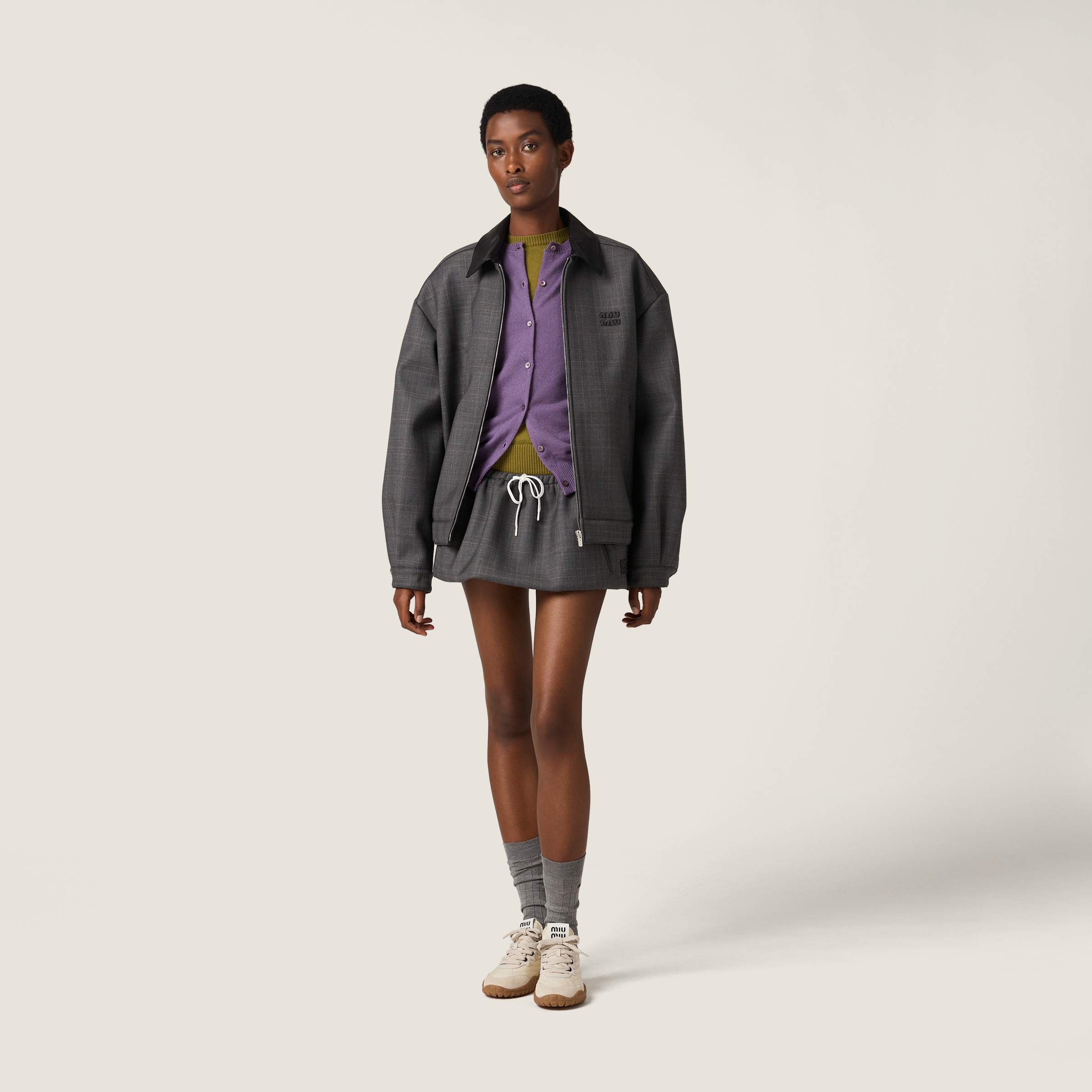 MiuMiu◆ウェールズ チェック ジャージー ブルゾンジャケット グレー プリンス オブ ウェールズ チェックxボンデッド ジャージ