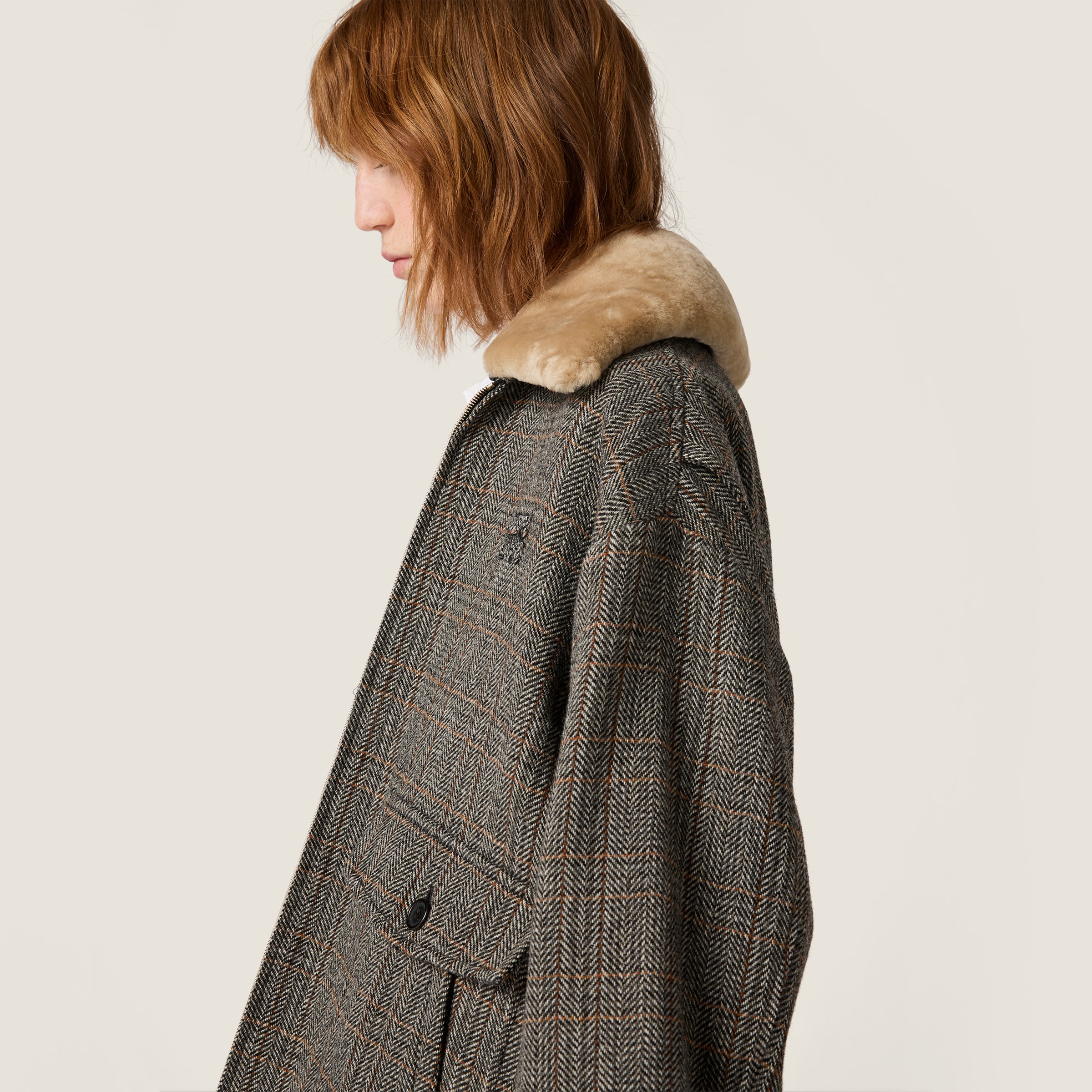 Slate Gray Chevron Blouson Jacket With Shearling Collar | Miu Miu