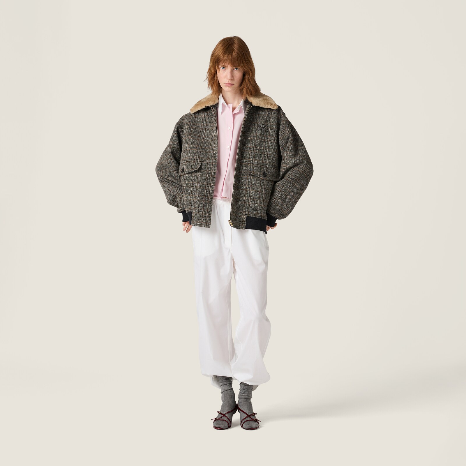 Slate Gray Chevron Blouson Jacket With Shearling Collar | Miu Miu