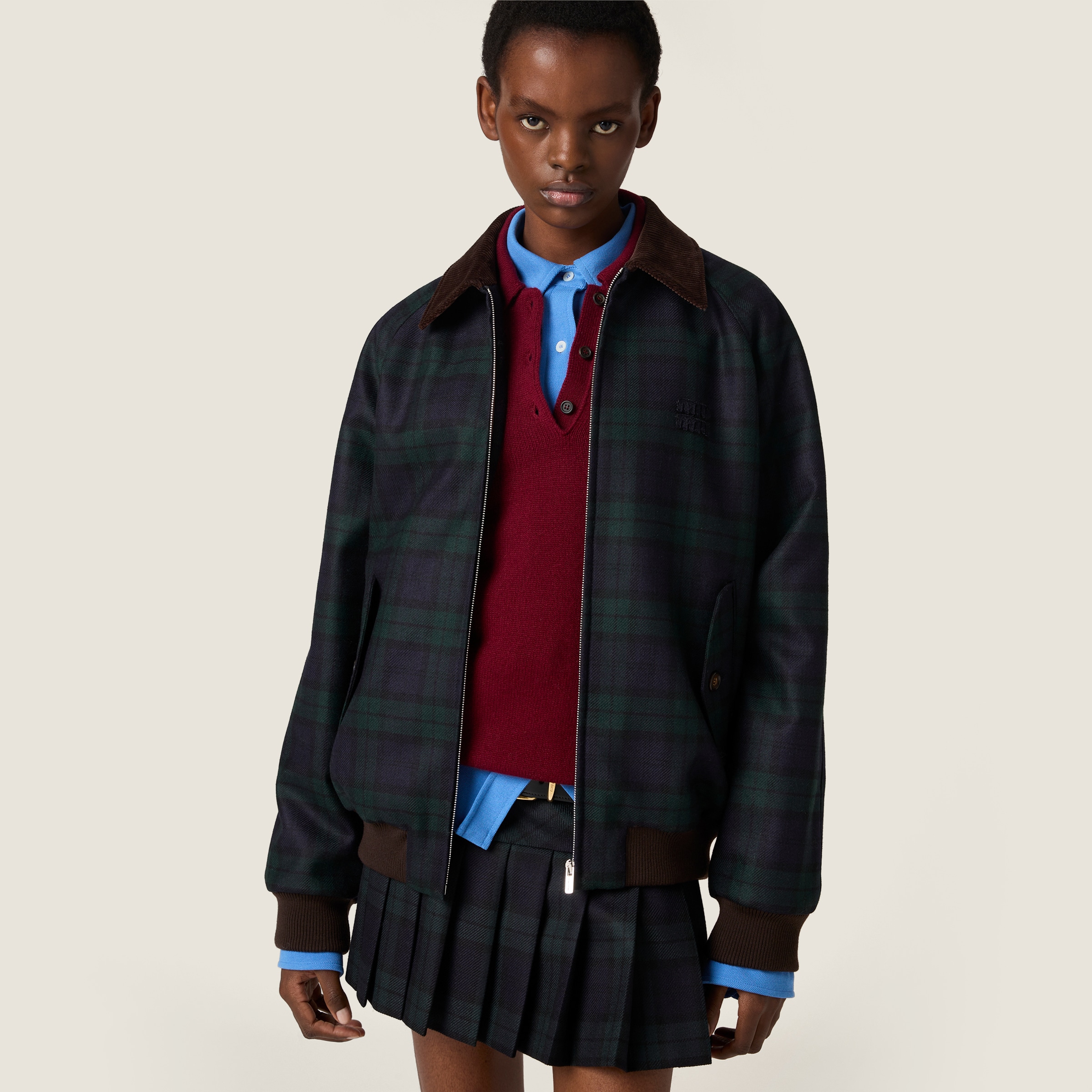 ブルー/グリーン チェックツイル ブルゾンジャケット | Miu Miu