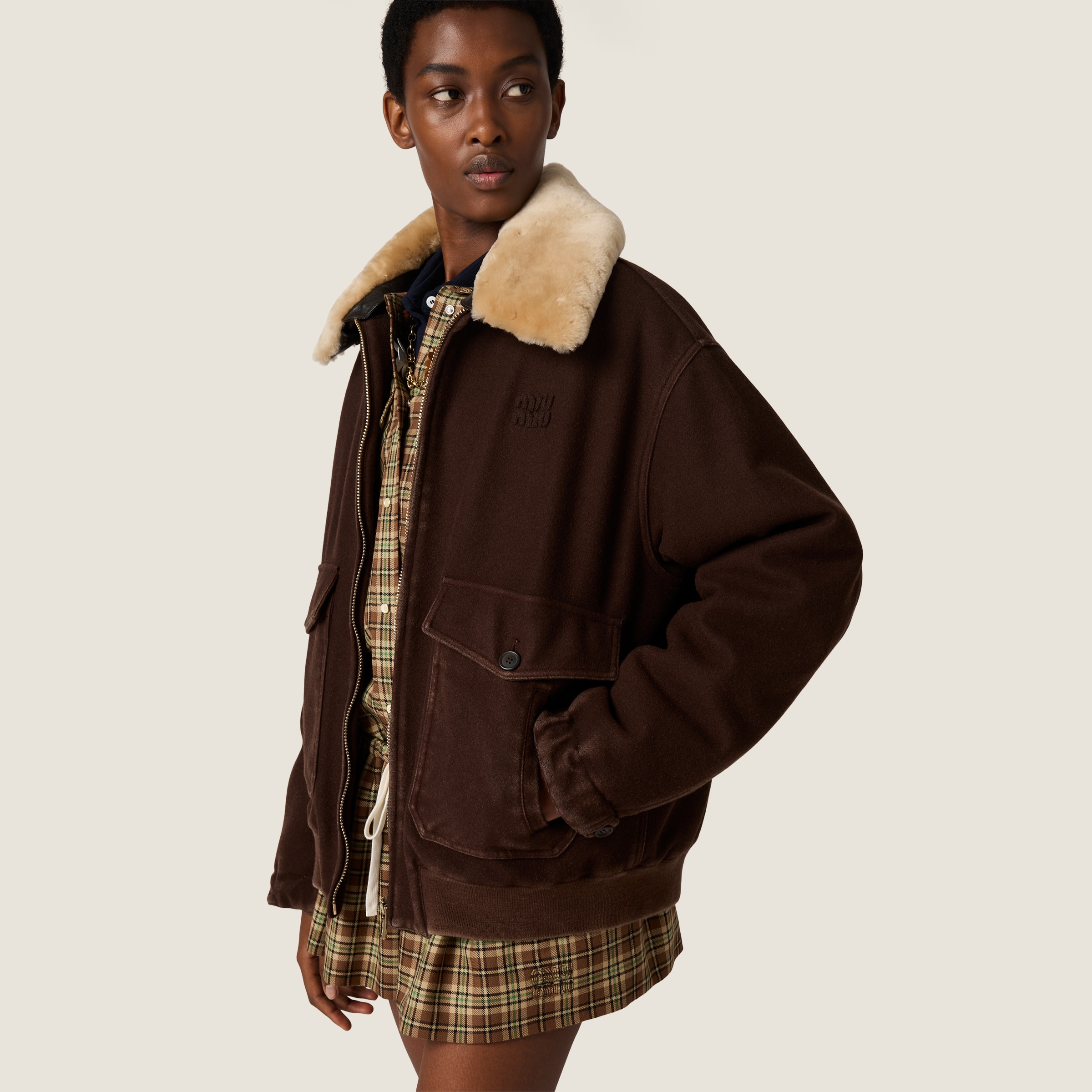 Tobacco Garment-dyed Wool Blouson With Shearling Collar | Miu Miu