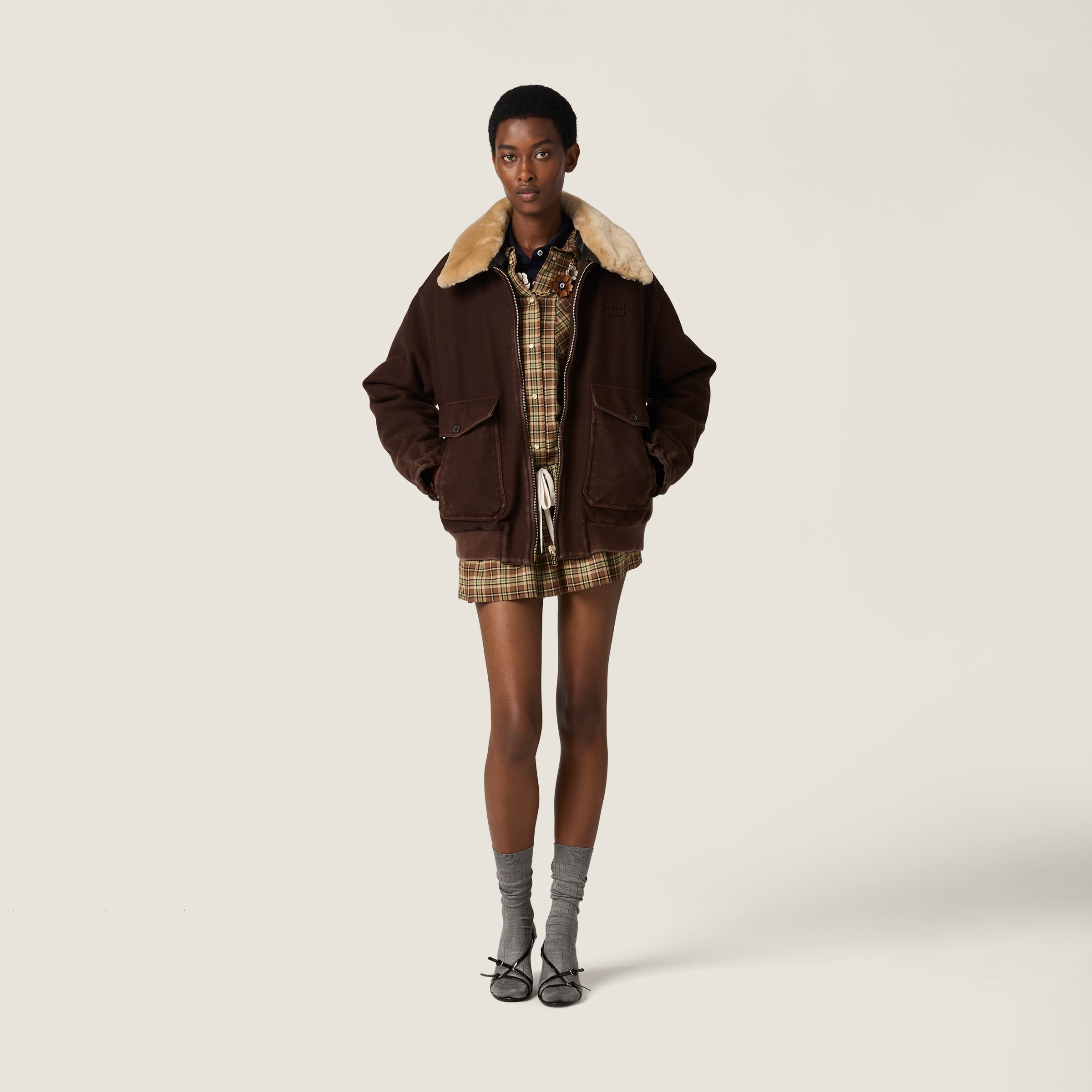 Miu Miu Garment-dyed Wool Blouson With Shearling Collar In Brown