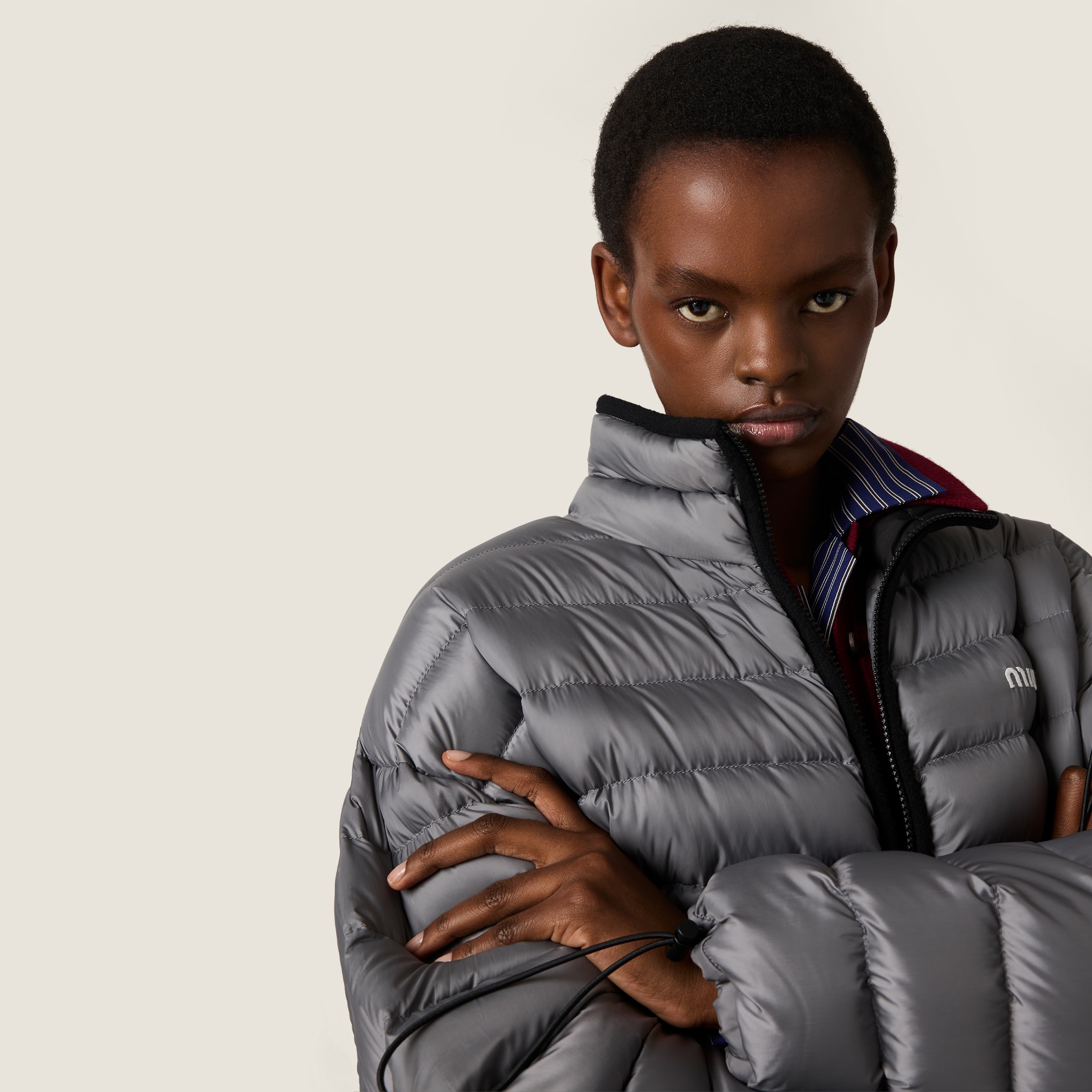Steel Gray Lightweight Pongé Down Jacket | Miu Miu - United States
