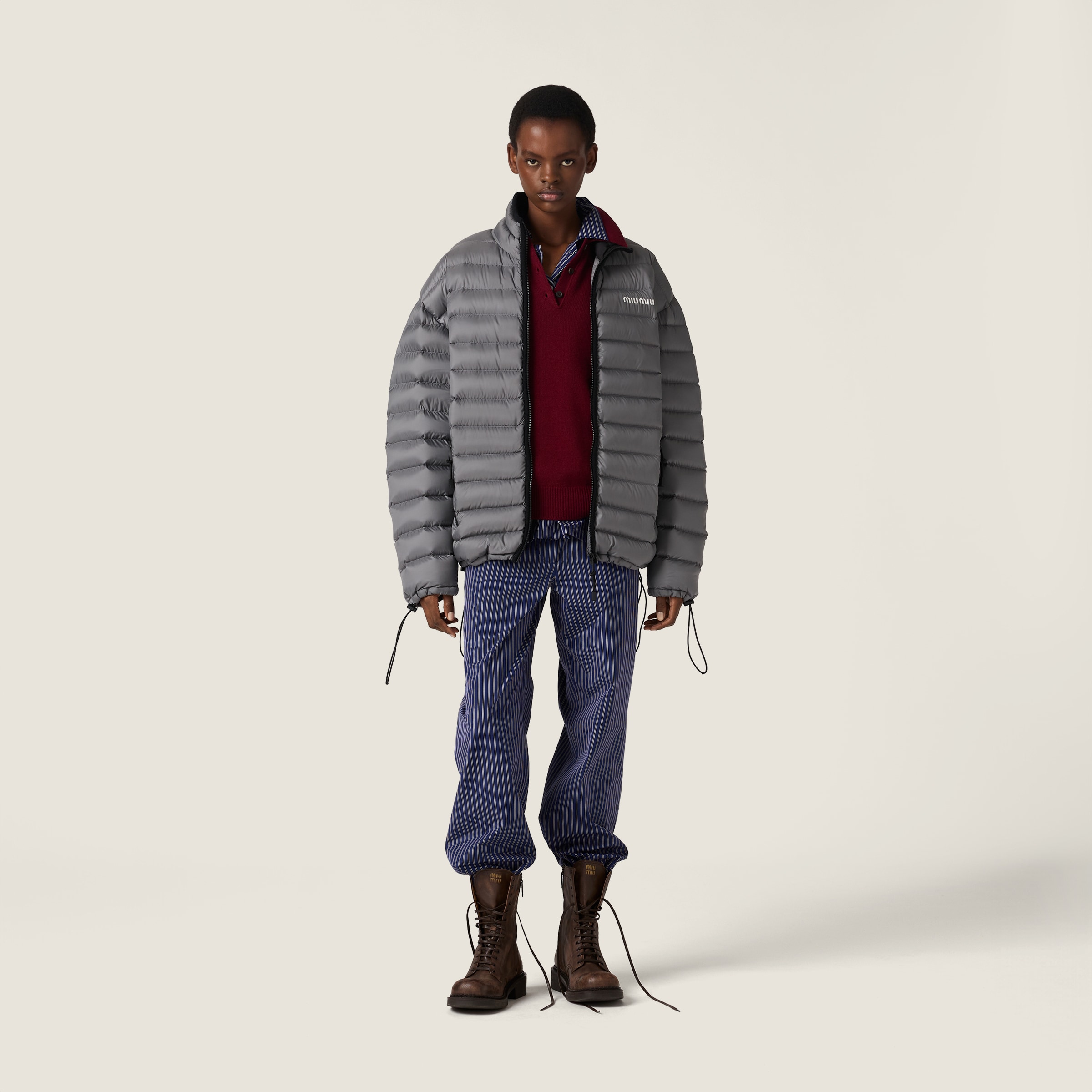 Miu Miu Lightweight Pongé Down Jacket In Gray