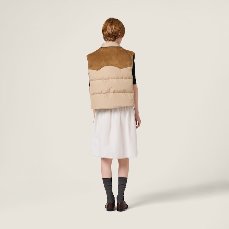 Technical pongé and leather down vest