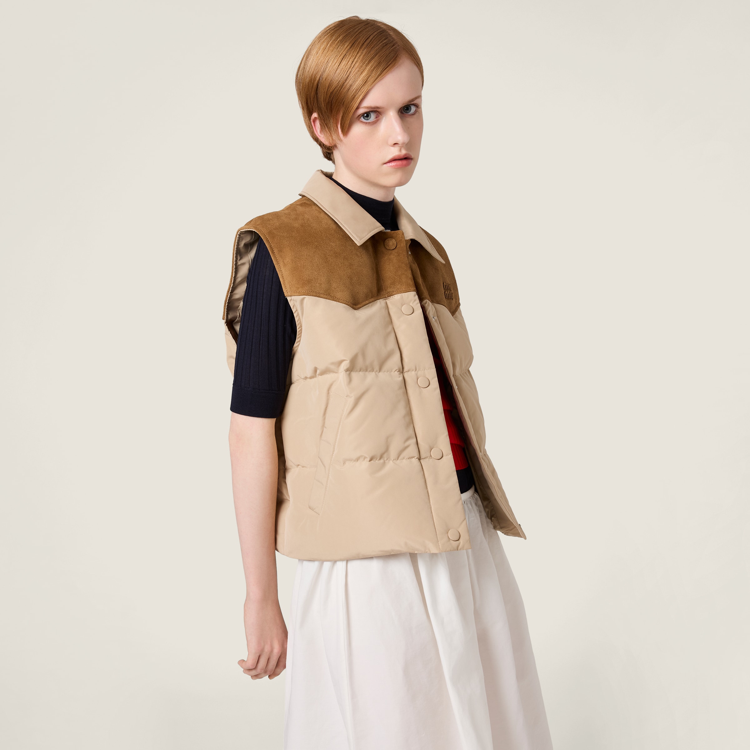Technical pongé and leather down vest - thumbnail 5