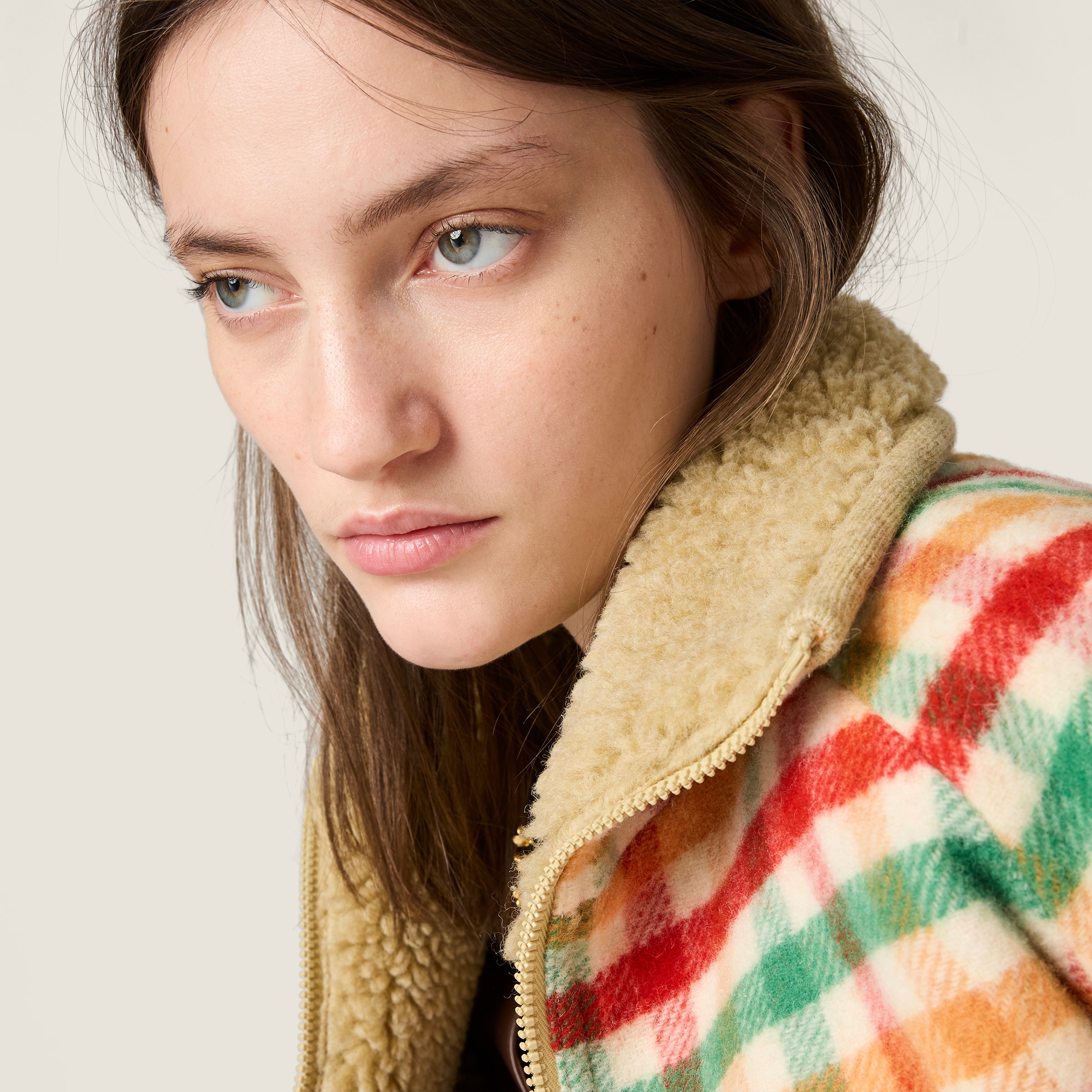 赤/緑/ソイグリーン フリース裏地 チェック ブルゾンジャケット | Miu Miu