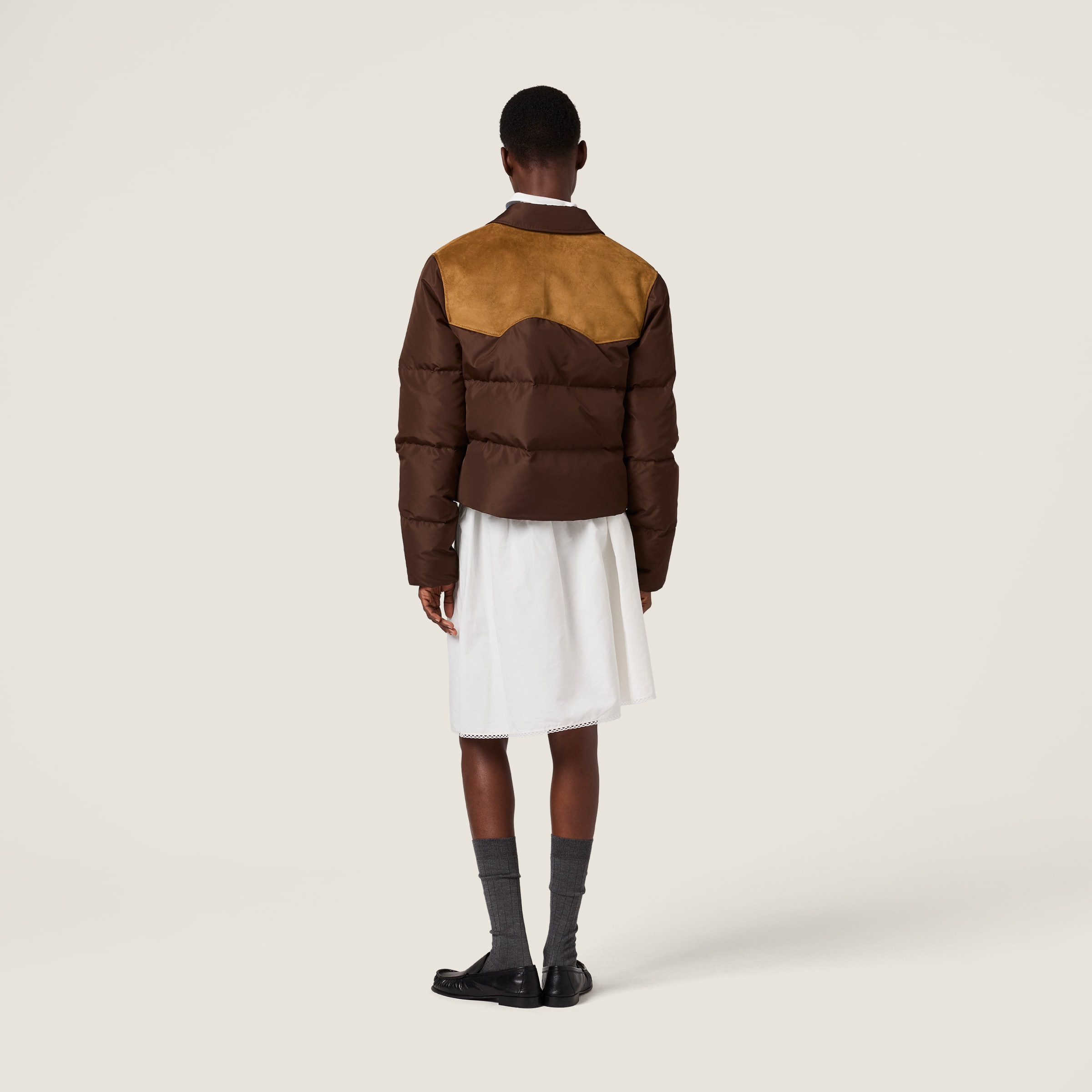 Miu Miu Technical Pongé And Leather Down Jacket In Brown