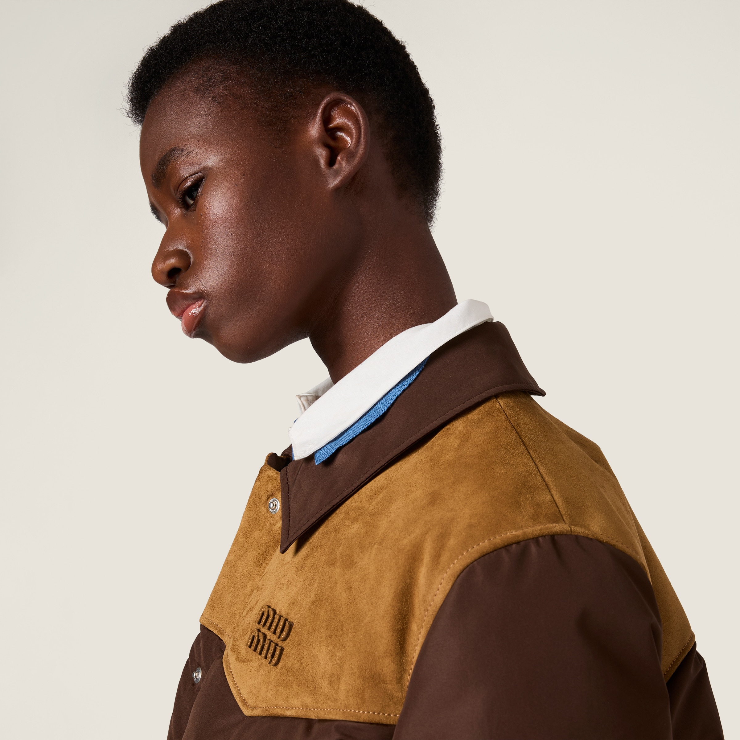 Miu Miu Technical Pongé And Leather Down Jacket In Brown