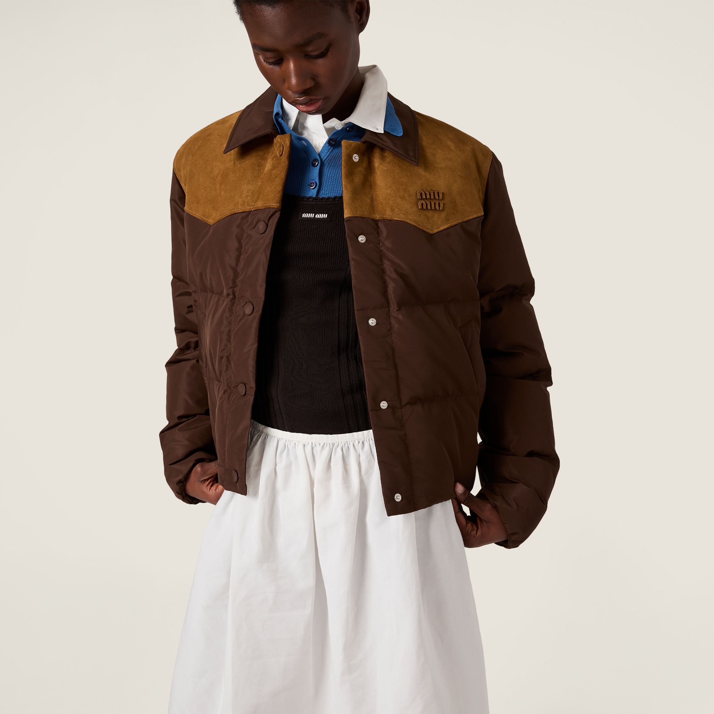 Coffee Technical Pongé And Leather Down Jacket | Miu Miu - United