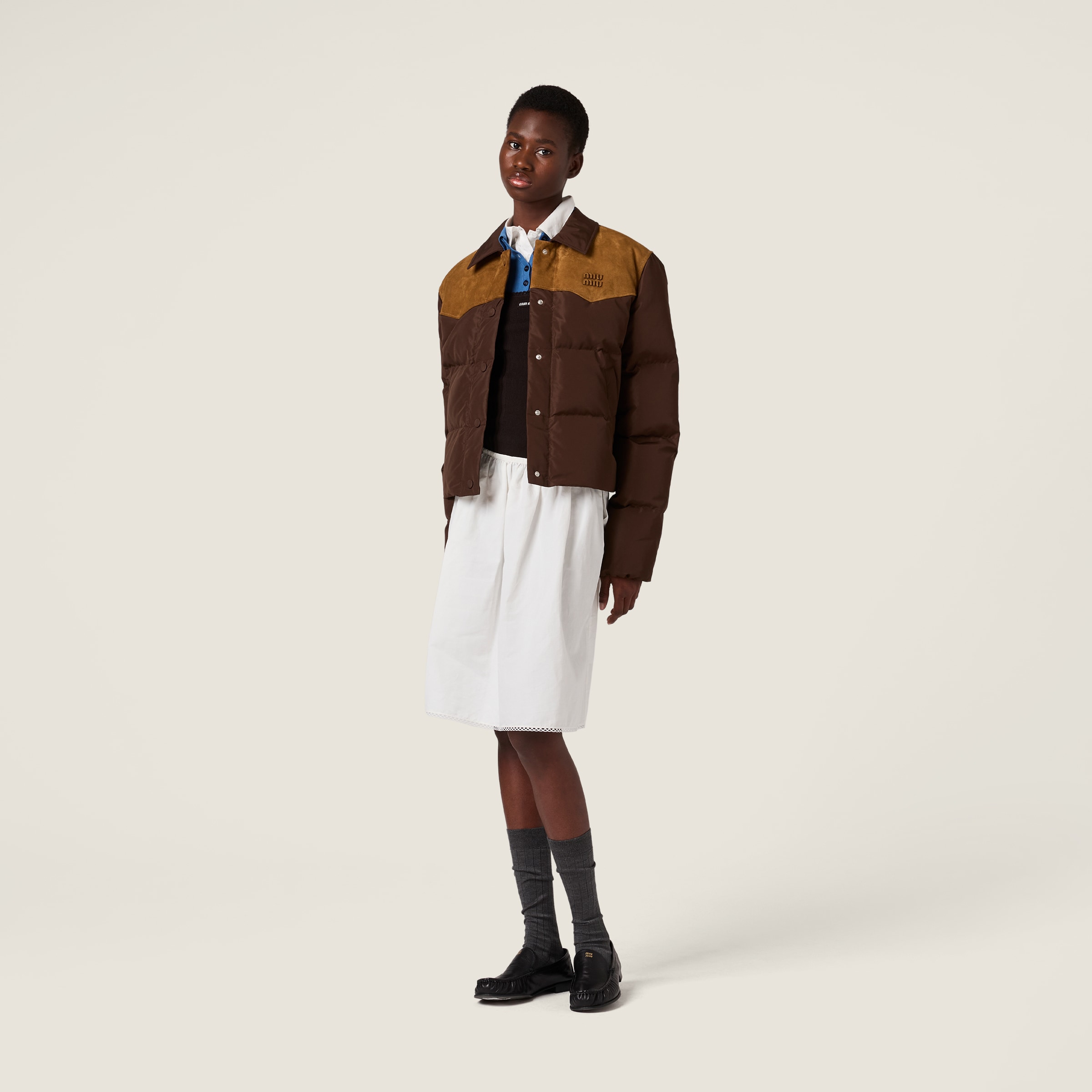 Miu Miu Technical Pongé And Leather Down Jacket In Brown