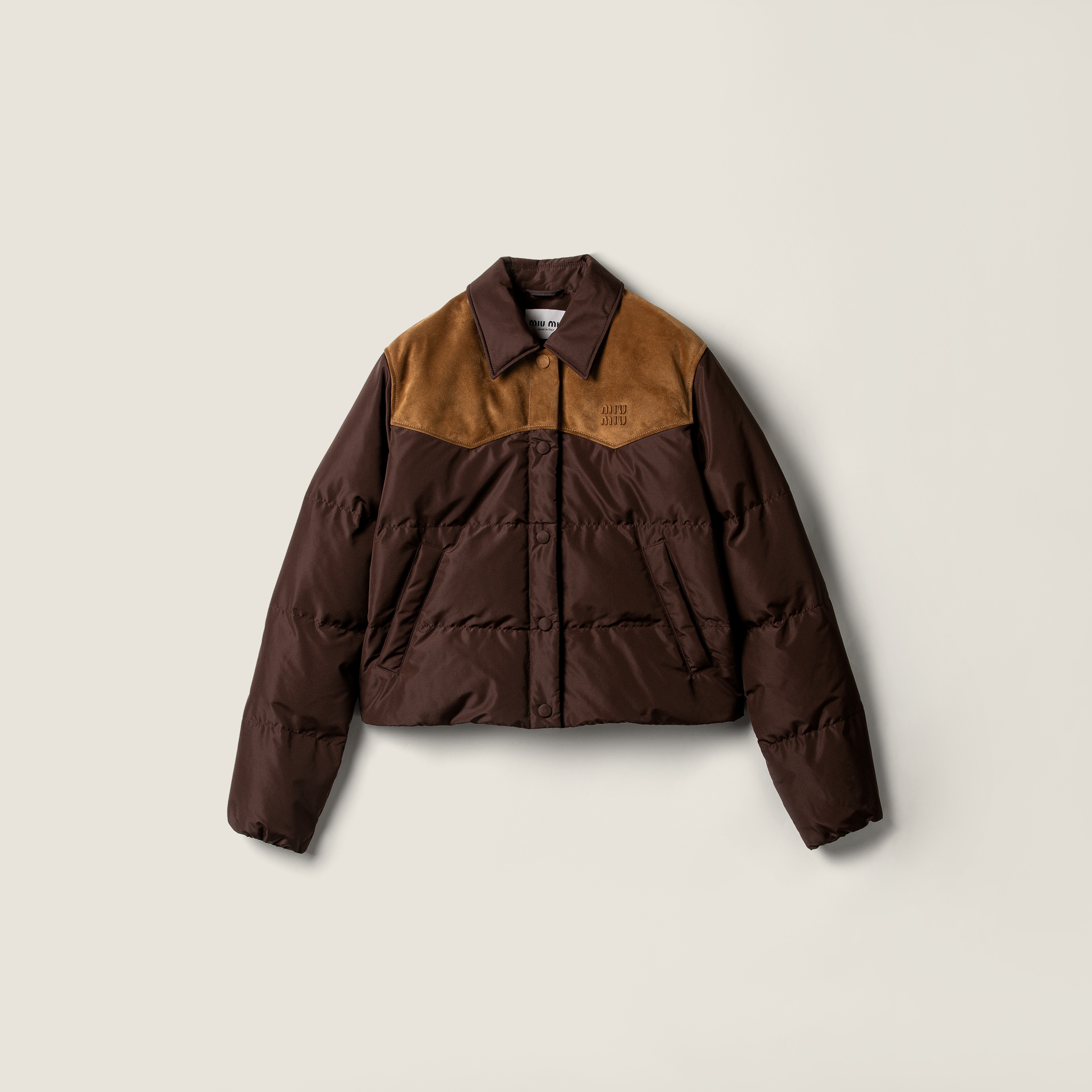 Miu Miu Technical Pongé And Leather Down Jacket In Brown