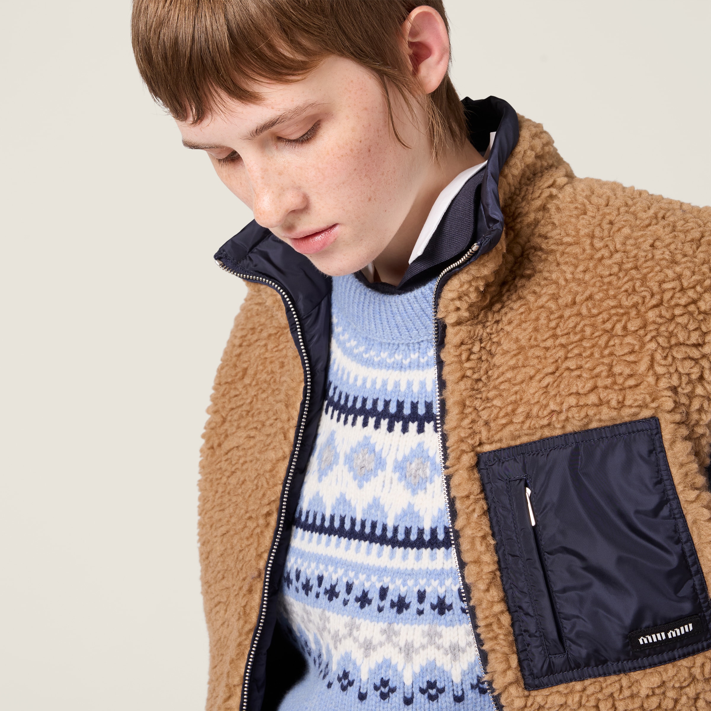 Miu Miu Teddy Down Vest With Technical Pongé In Brown