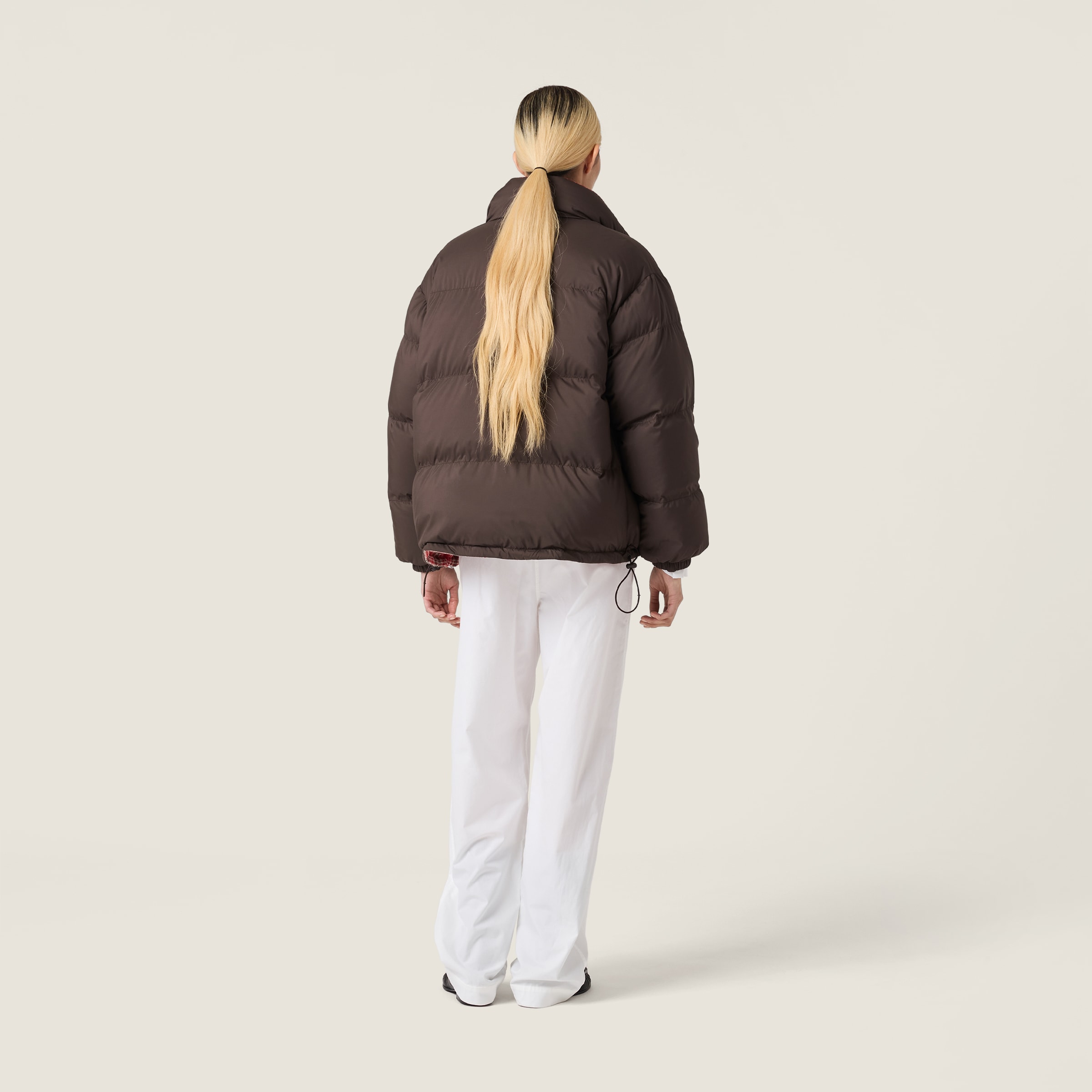 Miu Miu Technical Pongé Reversible Down Jacket In Brown